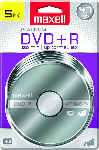 Maxell 639031, Platinum DVD+R - High Capacity Write-Once Discs for Videos & Digital Storage - 4.7GB Storage with 16X Write Speed Up To 120 Min, Exceptional Archival Life Pack 5
