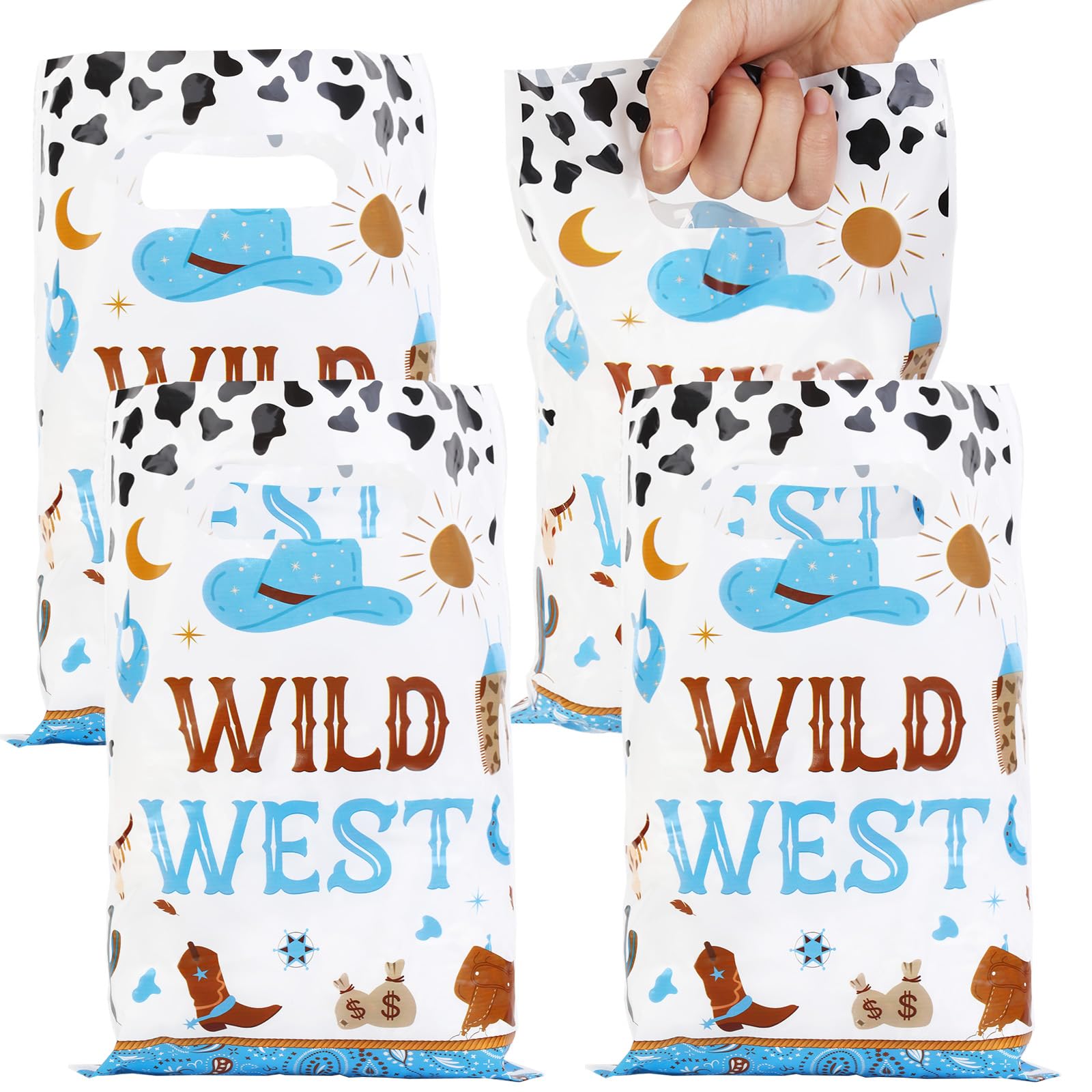 Serencatcher Wild West Party Favors Bags, 50pcs Western Cowboy Party Favor Baby Shower Birthday Gift Goodie Candy Treat Bags, Plastic Gift Bags with Handles Blue for Cowboy Rodeo Birthday Party
