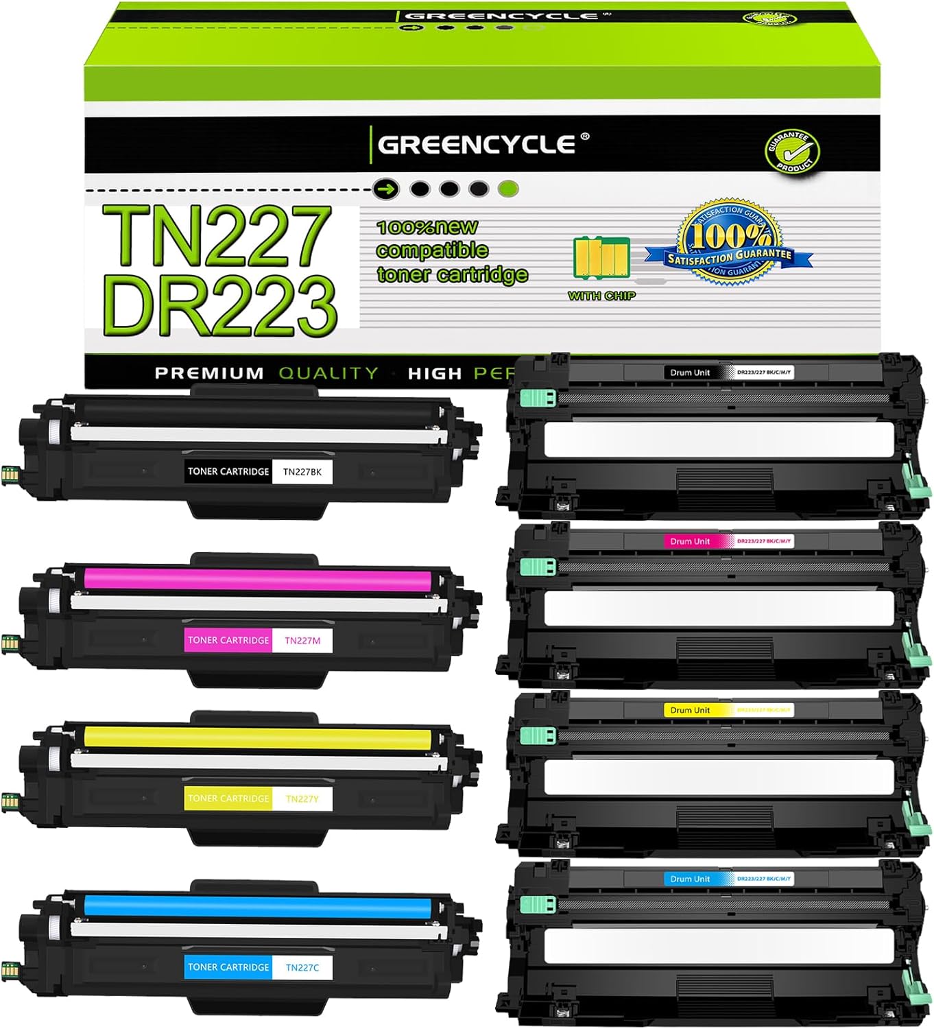 greencycle TN227 BK/C/M/Y Toner Cartridge Set and DR223CL Drum Unit Compatible for Brother TN-227 TN223 TN-223 TN227BK Work with MFC-L3770CDW L3750CDW HL-L3290CDW L3270CDW Printer (4 Toner, 4 Drum)