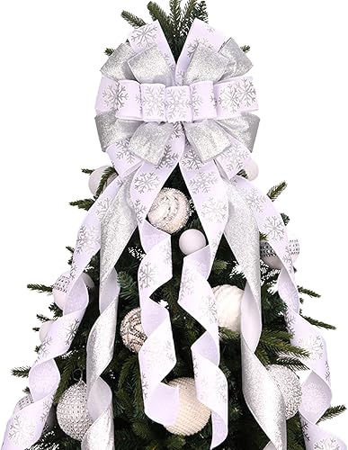 Decoración para árbol de Navidad, lazo de corona de Navidad de 45 x 12 pulgadas, lazo grande blanco con patrón de copo de nieve para decoración del