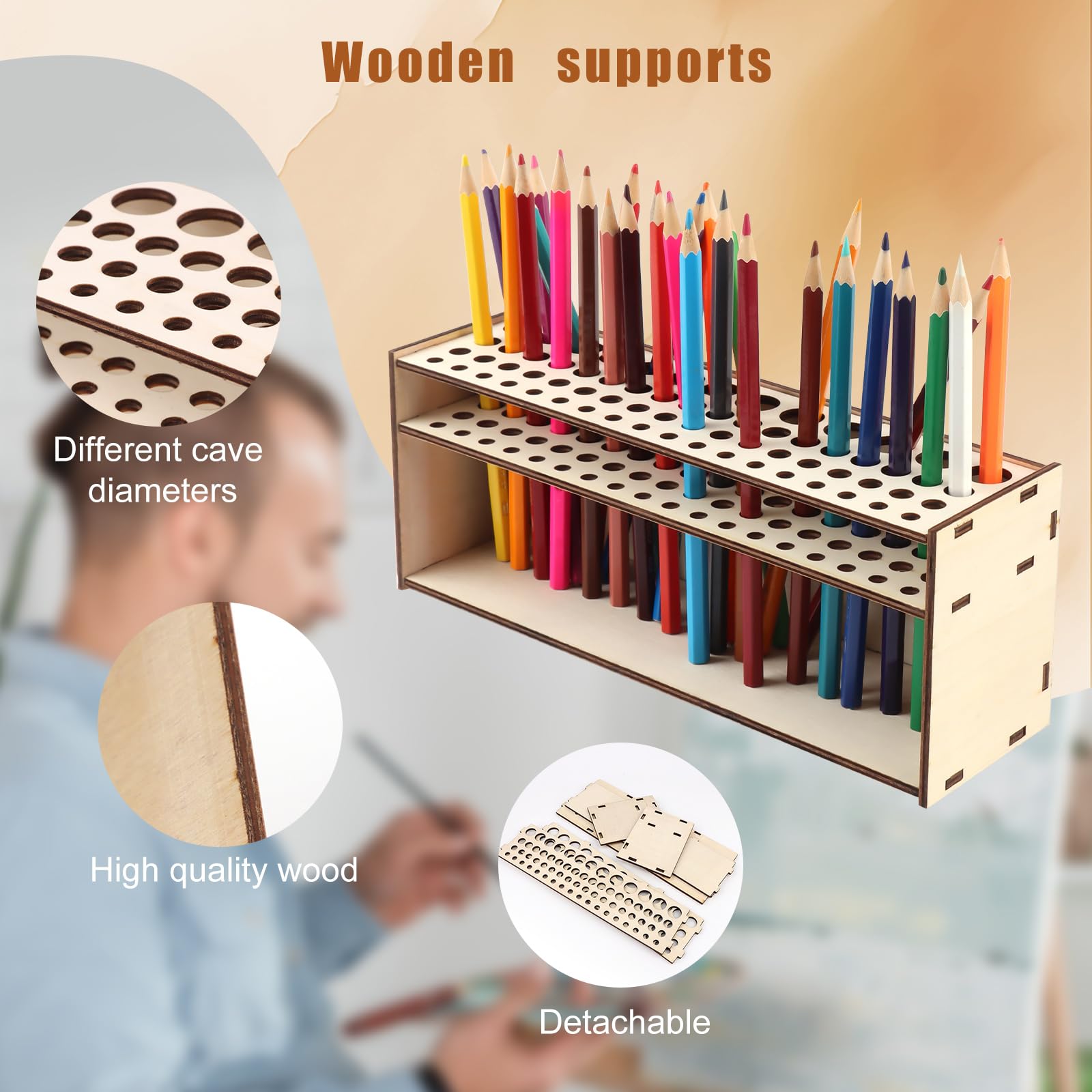 MXTIMWAN Porta Pennelli Pittura,67 Fori Portapennelli da Pittura,Supporto per pennelli in Legno Multi Foro,Supporto per pennelli per pittura in legno,Portapennelli Grande Capacità per lo Studio
