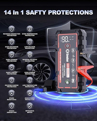 Miniatura 3 de Arrancador de batería de coche 9 en 1, caja de salto de 12 V portátil con cables de puente de protección 14 en 1, luces LED, pantalla LCD, guantes