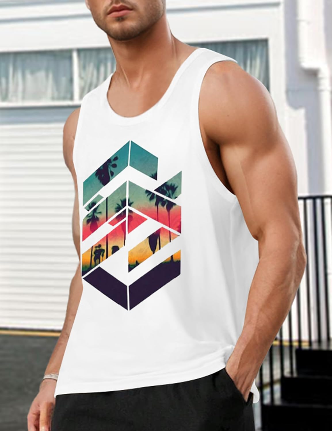Mens Tank Tops Summer Beach Vacation Sleeveless Shirts Casual Palm Graphic Muscle Gym Workout Tank Top - Image 5