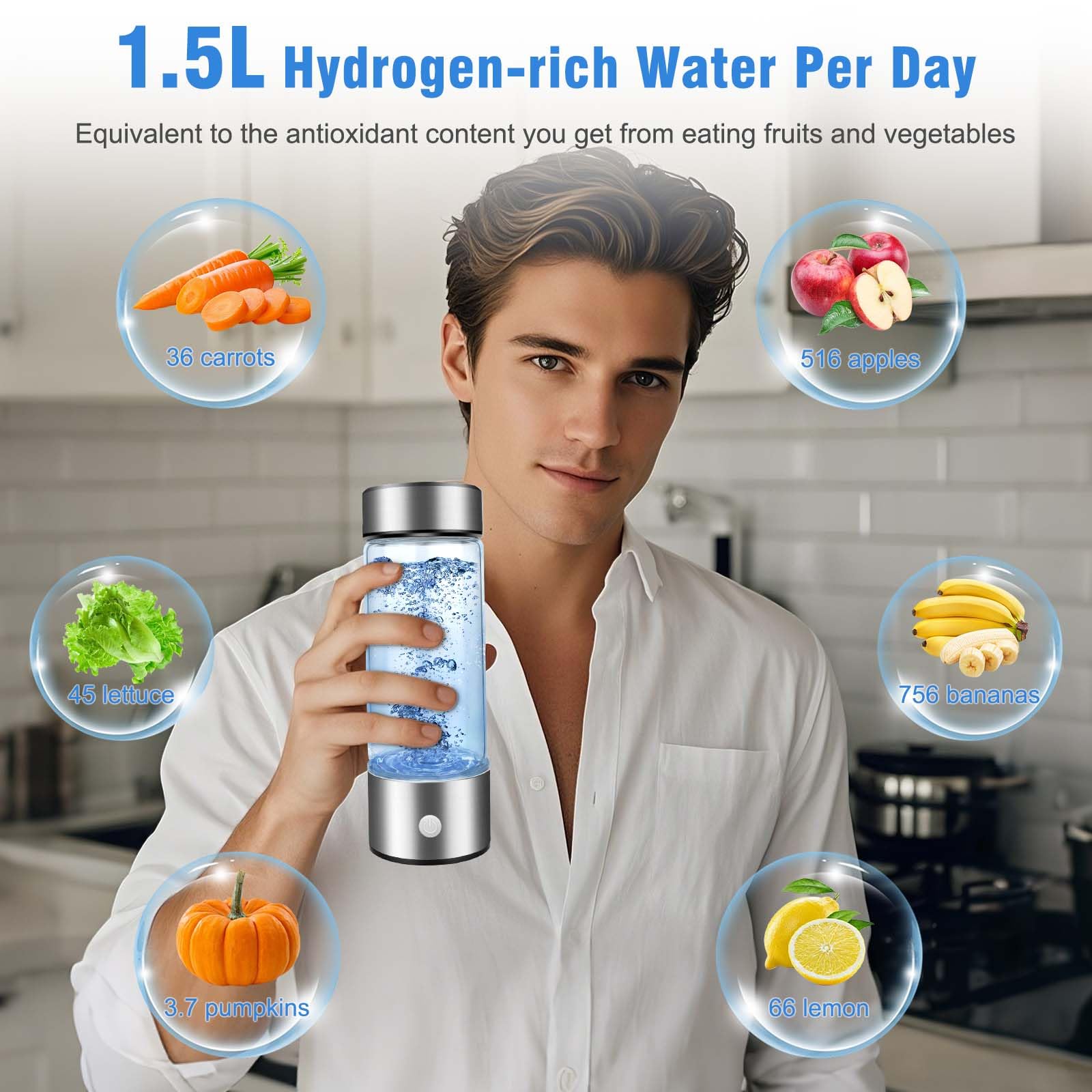 Bottiglia Acqua Idrogeno 420 Ml In Vetro | Tecnologia SPE/PEM | Ricca Di Idrogeno In 3 Minuti | Portatile USB - 4