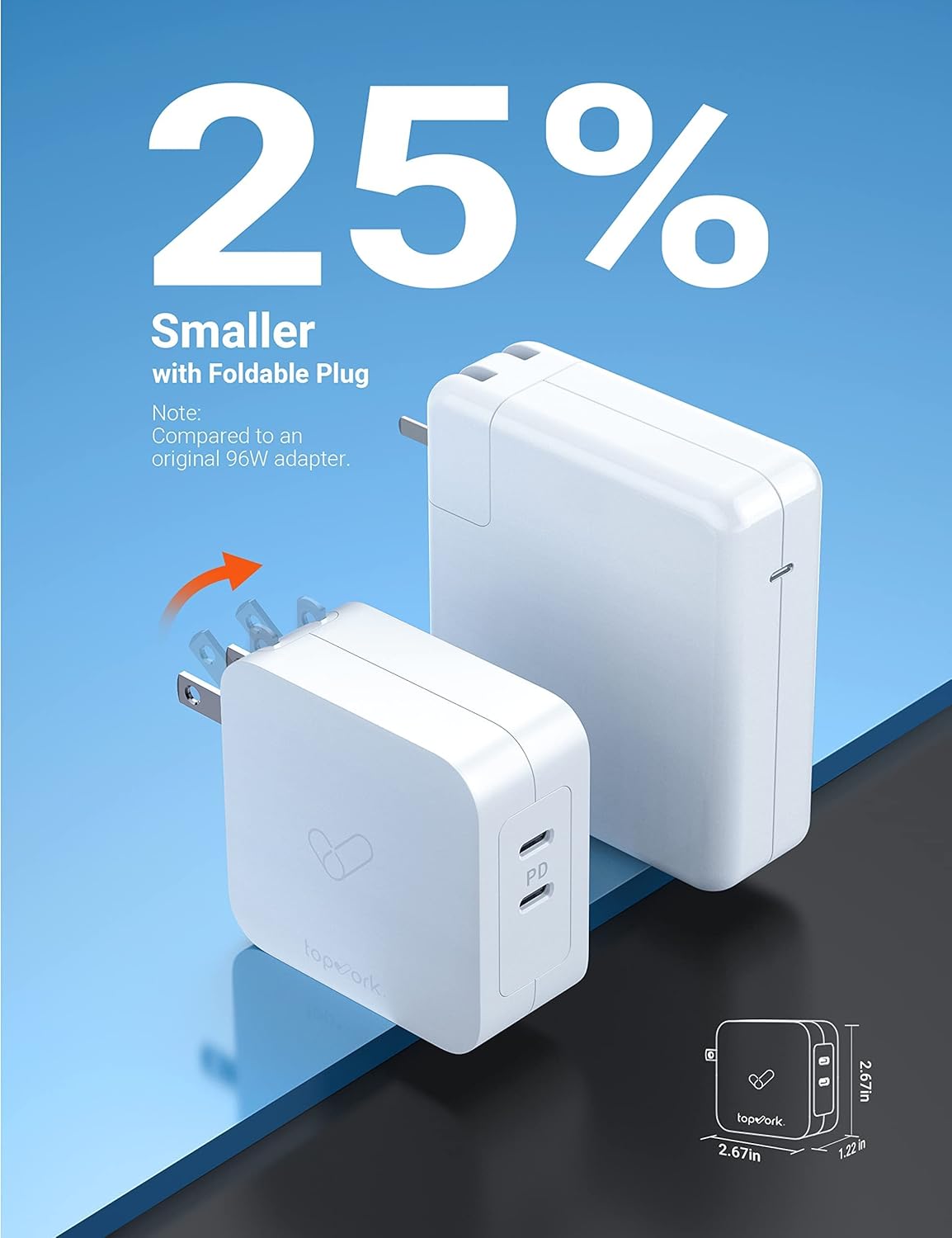 Suреr Dеаl Prоduсt USB C Charger for MacBook Pro, 100W PD Charger, Topvork GaN USB C Wall Charger for MacBook Air, 2-Port USB C Laptop Charger Block with 6.6FT Cable Folding Prongs for Galaxy S21/ iPhone 13/ iPad Pro