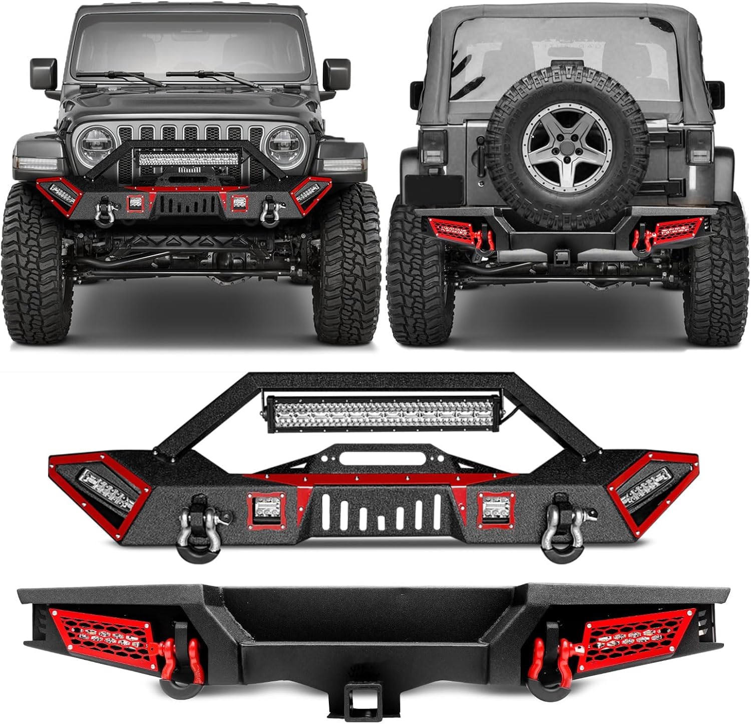 Steel Front and Rear Bumper Fits for 2018 2019 2020 2021 2022 2023 Wrangler JL w/Winch Plate & Led Lights & D-Rings Sensor Mounting Offroad Hole Texture Black