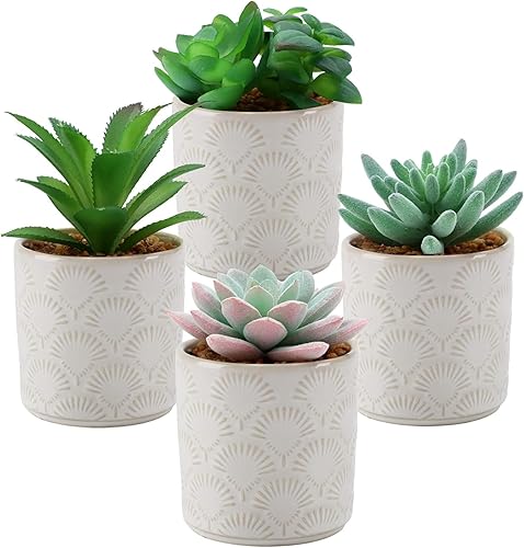 Nisoger Paquete de 4 plantas artificiales en maceta, plantas suculentas falsas en macetas de cerámica con estilo bohemio, plantas falsas en maceta