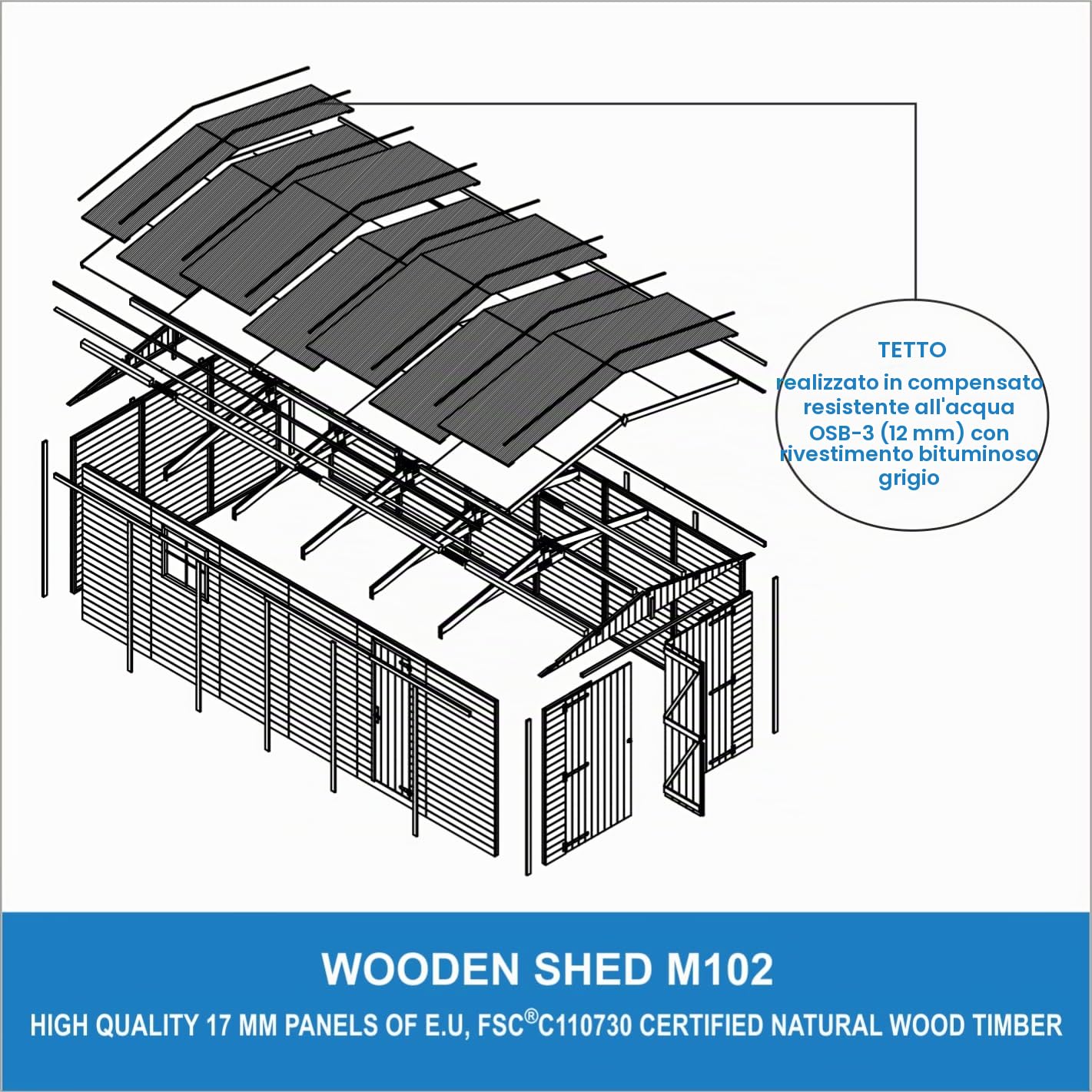 Garage in legno naturale A222x616x324 cm/18 m2- Magazzino esterno con finestre - Capanno da giardino - per auto, bici, deposito attrezzi e rimessa - TIMBELA M102