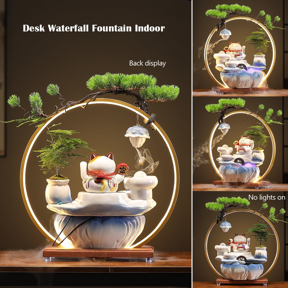 Indoor Tabletop Waterfall Fountain with Chinese Ceramic Lucky Cat Waving Arm Figurine，Desktop Mini Water Fountain Decoration，LED Light Ring Backflow Incense Burner for Desk