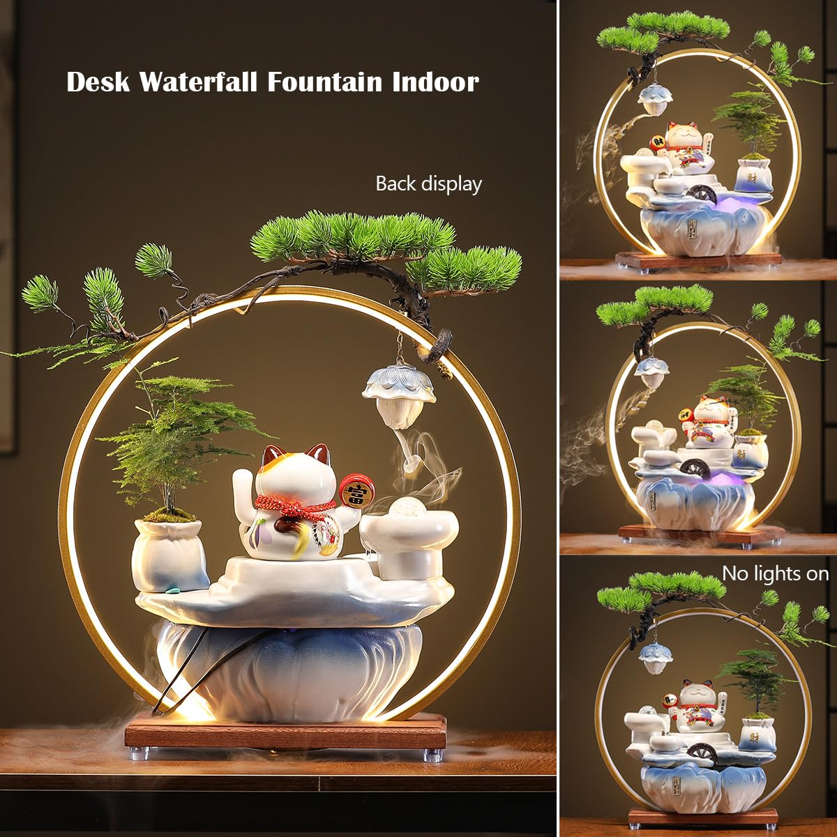 Indoor Tabletop Waterfall Fountain with Chinese Ceramic Lucky Cat Waving Arm Figurine,Desktop Mini Water Fountain Decoration,LED Light Ring Backflow Incense Burner for Desk - Image 3