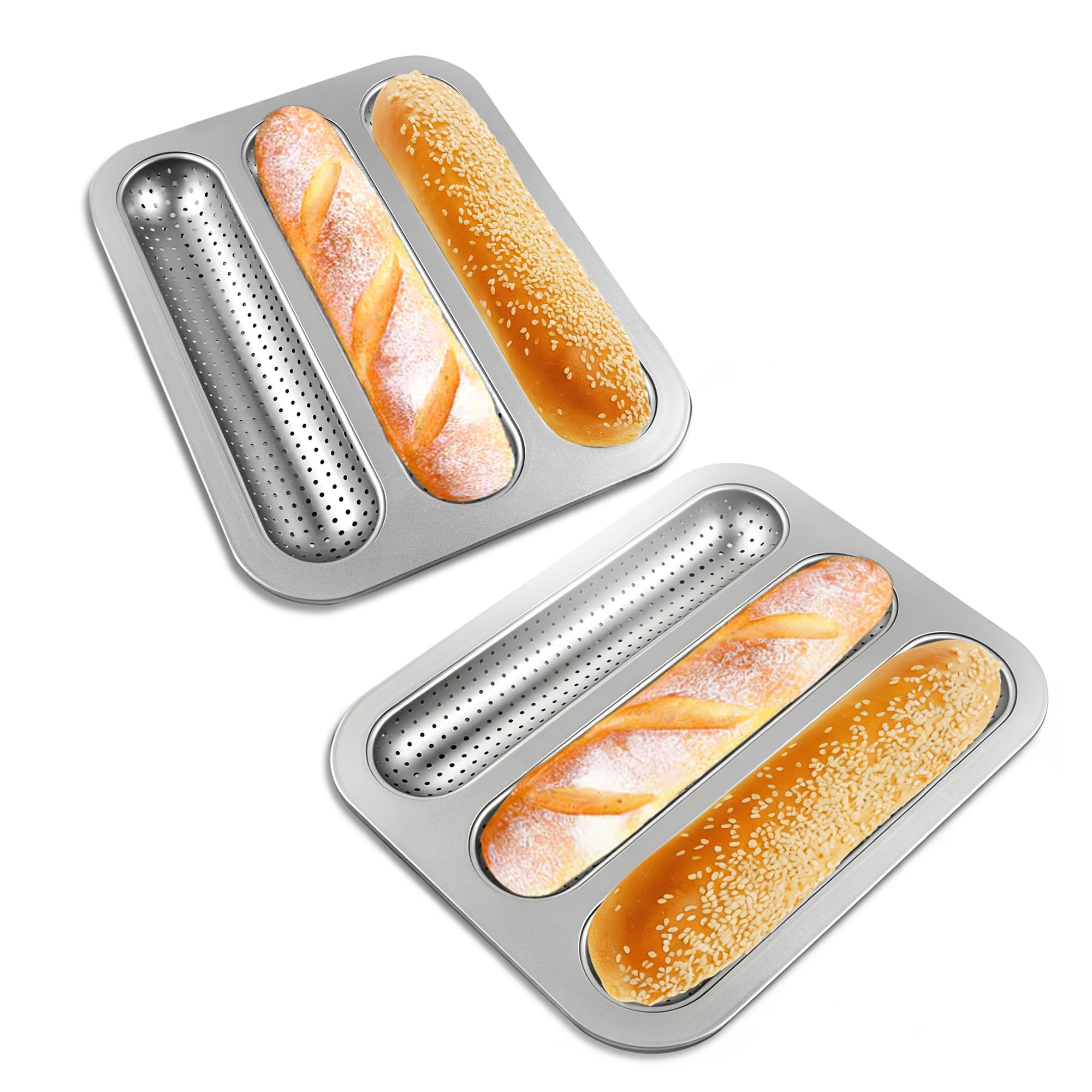 JSJMOFA Hot Dot Bun Pan, Perforated Carbon Steel Bread Loaf Pan, Non-Stick Hot Dog Bun Baking Tray, Mini Baguette Sandwich Baking Tray for Hot Dog Bun Rolls, Silver 2 Pack