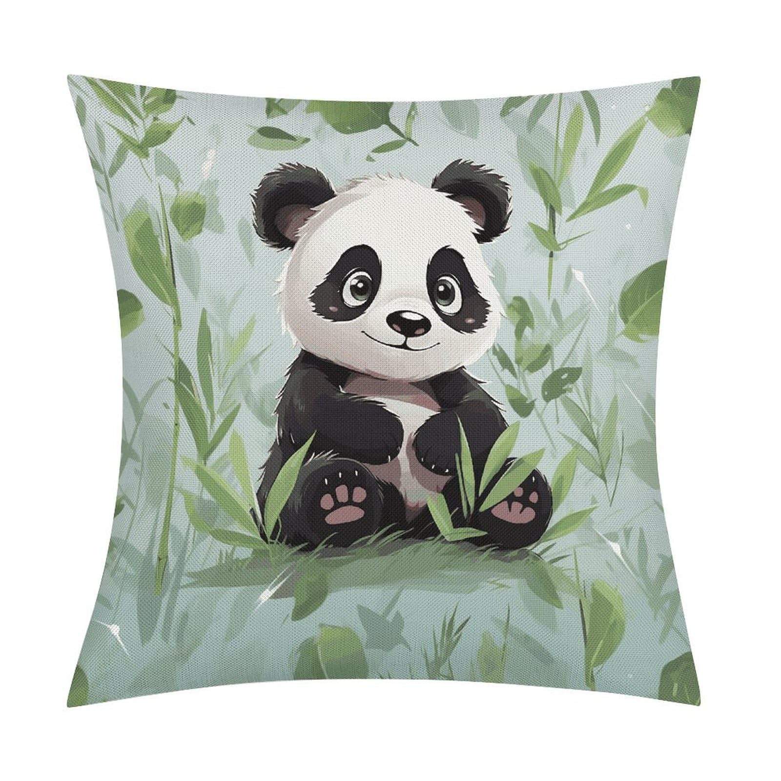 LZQPOEAS Panda Bamboo Throw Pillow Covers, Waterproof Faux Linen Pillow Cases with Invisible Zipper, Decorative Square Cushion Covers for Sofa Couch Living Room Bedroom 18x18 Inch