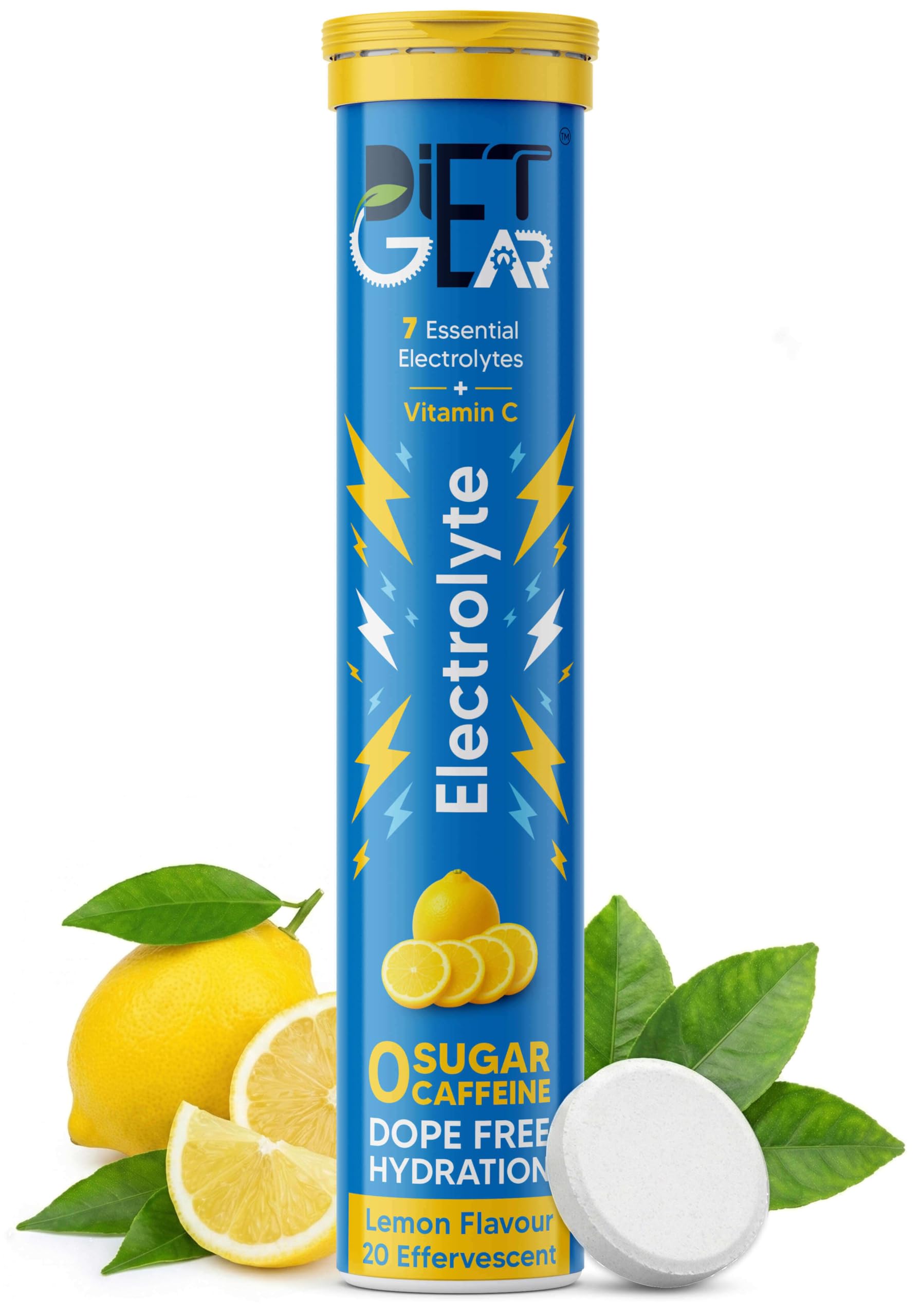 DIET GEAR Energy Drink - 5 litre Zero Sugar,Zero Caffeine Electrolytes 20 Effervescent Servings|with added 7 Essential Electrolyte Salts (Na,K,Mg,Ca,Cl,Zn,SO4) + Vitamin C|Lemon Flavor,tablet,1 count