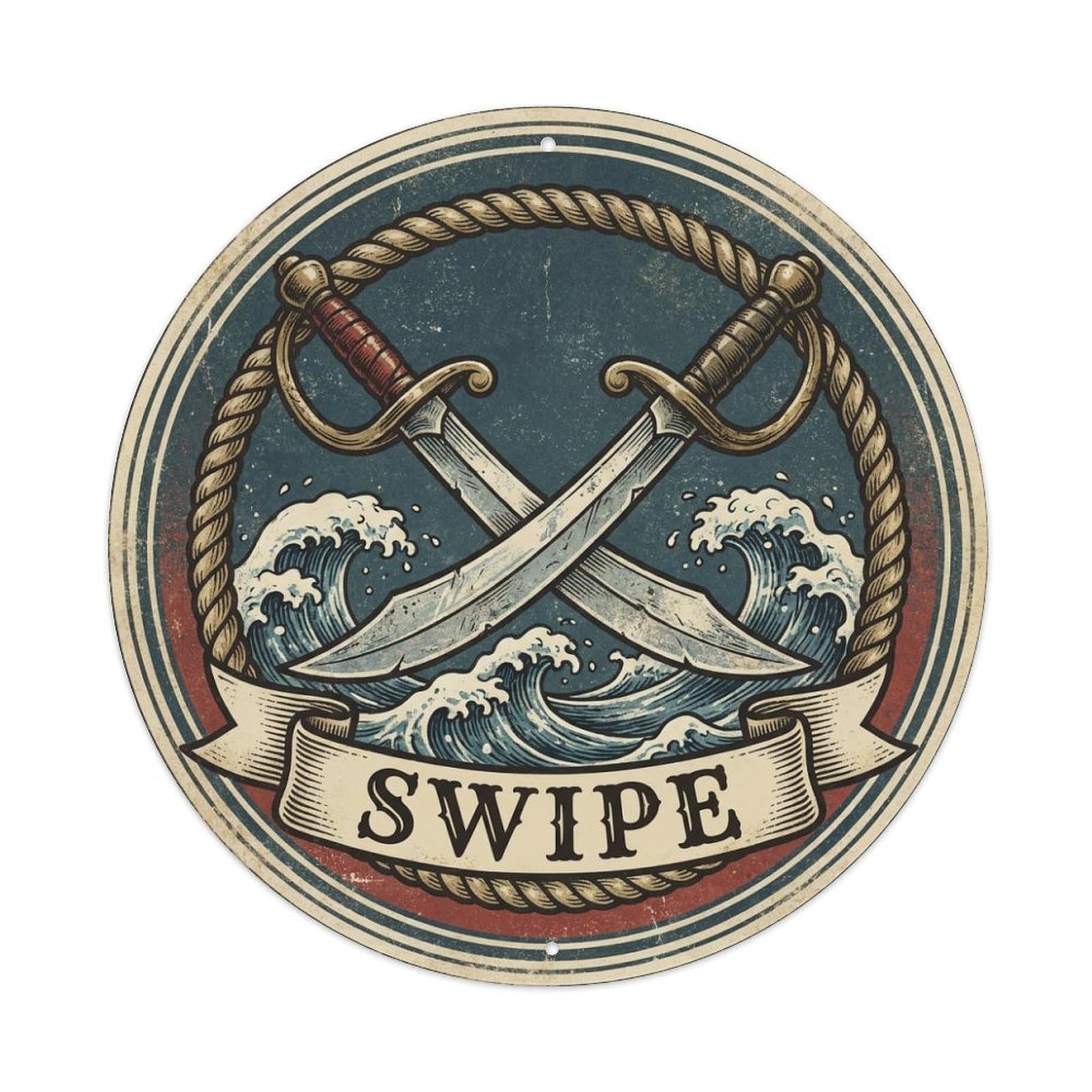 Swipe Cutlasses Rope Waves Old Map Jolly Roger Metal Tin Sign