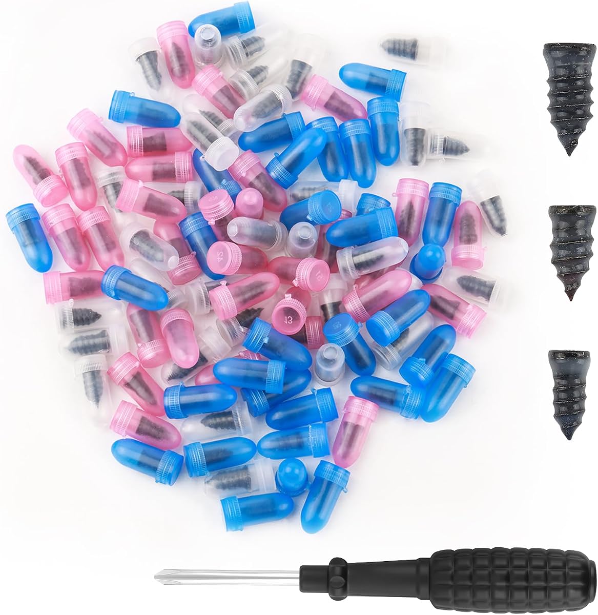 100PCS Tire Repair Kit,Self-Service Tire Screw Plug Repair Kit Includes 3-Size Plugs & Screwdrivers,Professional Screw in Tires Plugs Kits for Quick Repairing Tires Puncture