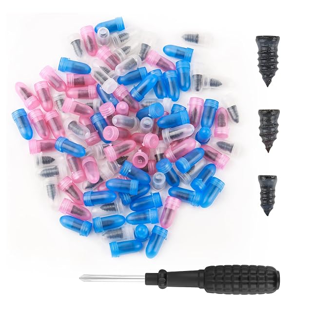 100PCS Tire Repair Kit Self-Service Tire Screw Plug Repair Kit Includes 3-Size Plugs Screwdrivers Professional Screw in Tires