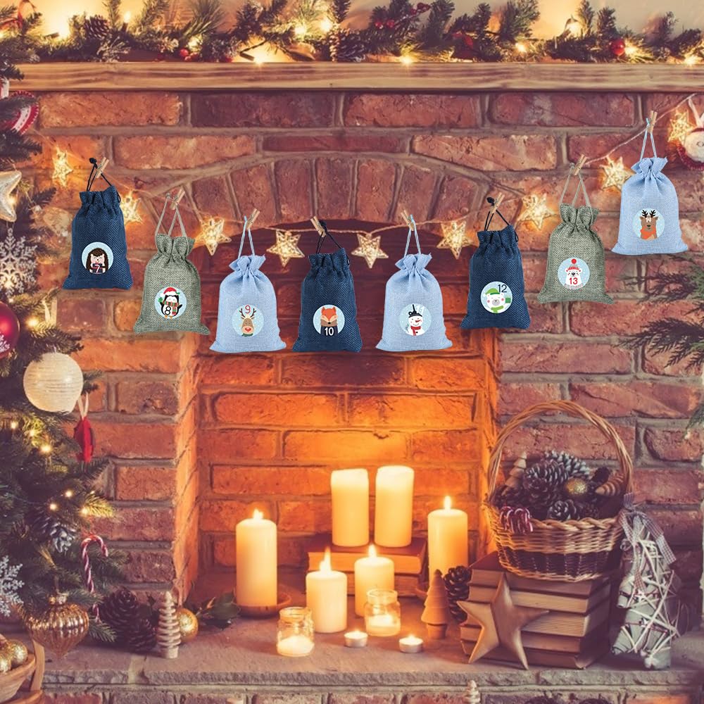 Sprinlot 24 Calendrier de l'Avent à Remplir, Sac en Tissu de Calendrier de l'Avent, Calendrier de Noël Sachets ​en Jute, Sacs Calendrier Surprise pour Noël, Calendrier de l'avent Sachet