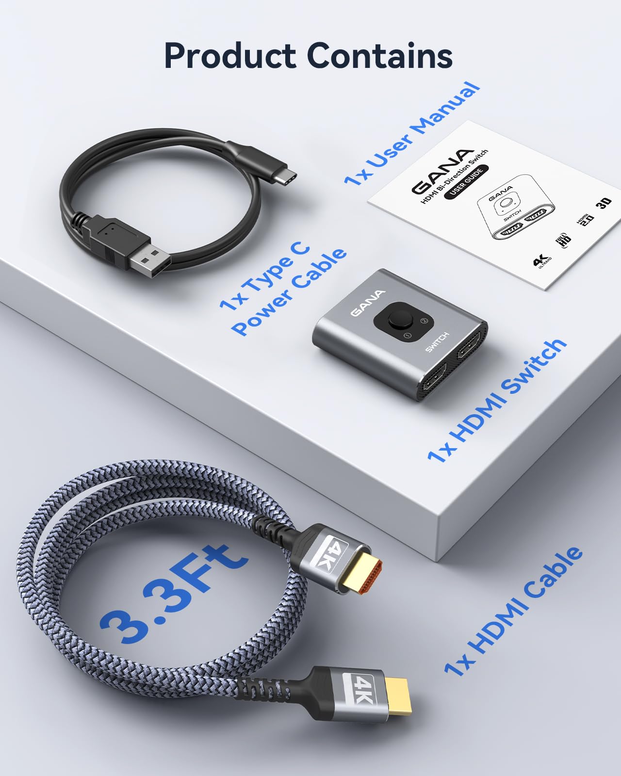 GANA Switch HDMI Splitter - Sdoppiatore HDMI 4K Switch Bidirezionale -2 Ingresso a 1 Uscita o 1 in a 2 out- Alluminio Commutatore Supporta 4K 3D 1080P per TV, Fire stick, Xbox, PS3 PS4 PS5