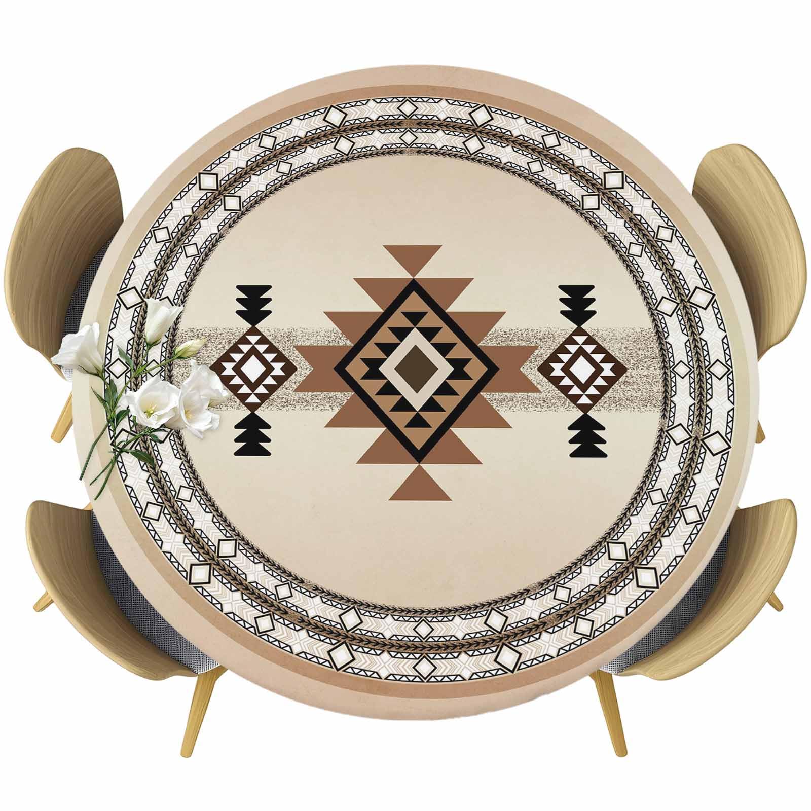 Southwest Round Waterproof Table Cover Fitted Tablecloth, Wipeable Fabric Elastic Table Cloth Oil-Proof Tablecover for Indoor Outdoor Picnic Party,