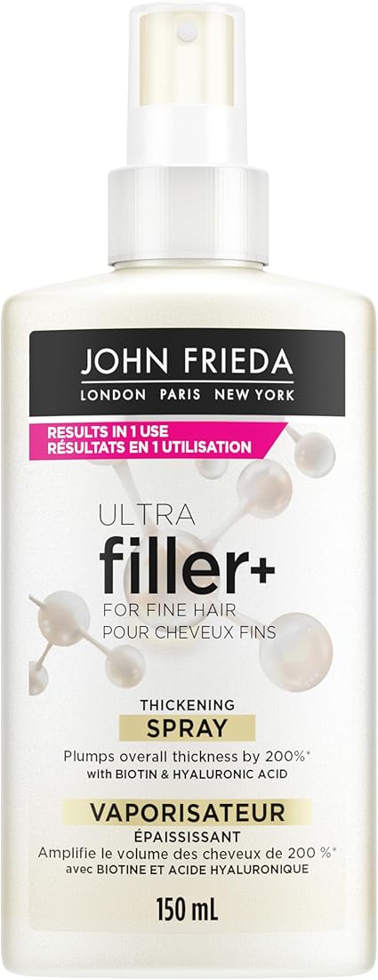 John Frieda ULTRAfiller+ Thickening Spray with Heat Protection | Plumps overall thickness by 200%*| for Fine, Thin, Flat Hair | Infused wit Biotin & Hyaluronic Acid | Visibly Plumps and Strengthens | Thicker, Fuller, Stronger hair in just 1 use | Lightweight Volume and Hold | Less breakage (150mL)