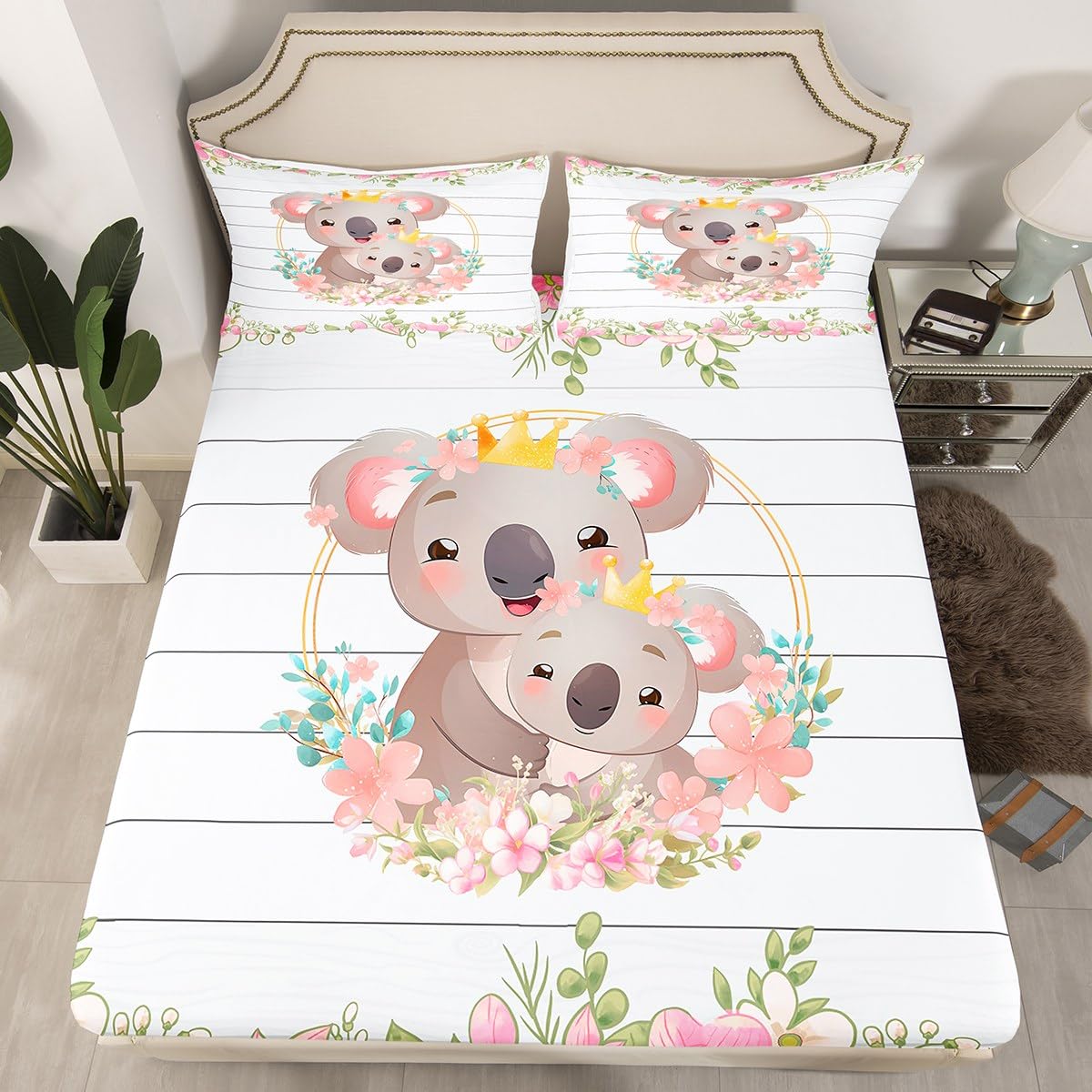 Cute Koala Sheet Set Koala Sheets with Deep Pocket Fitted Sheet for Kids Boys Girls Cartoon Koala Bed Sheets Set Pink Floral Kawaii Animal Bedding Set Blossom Floral Bed Set Full Size
