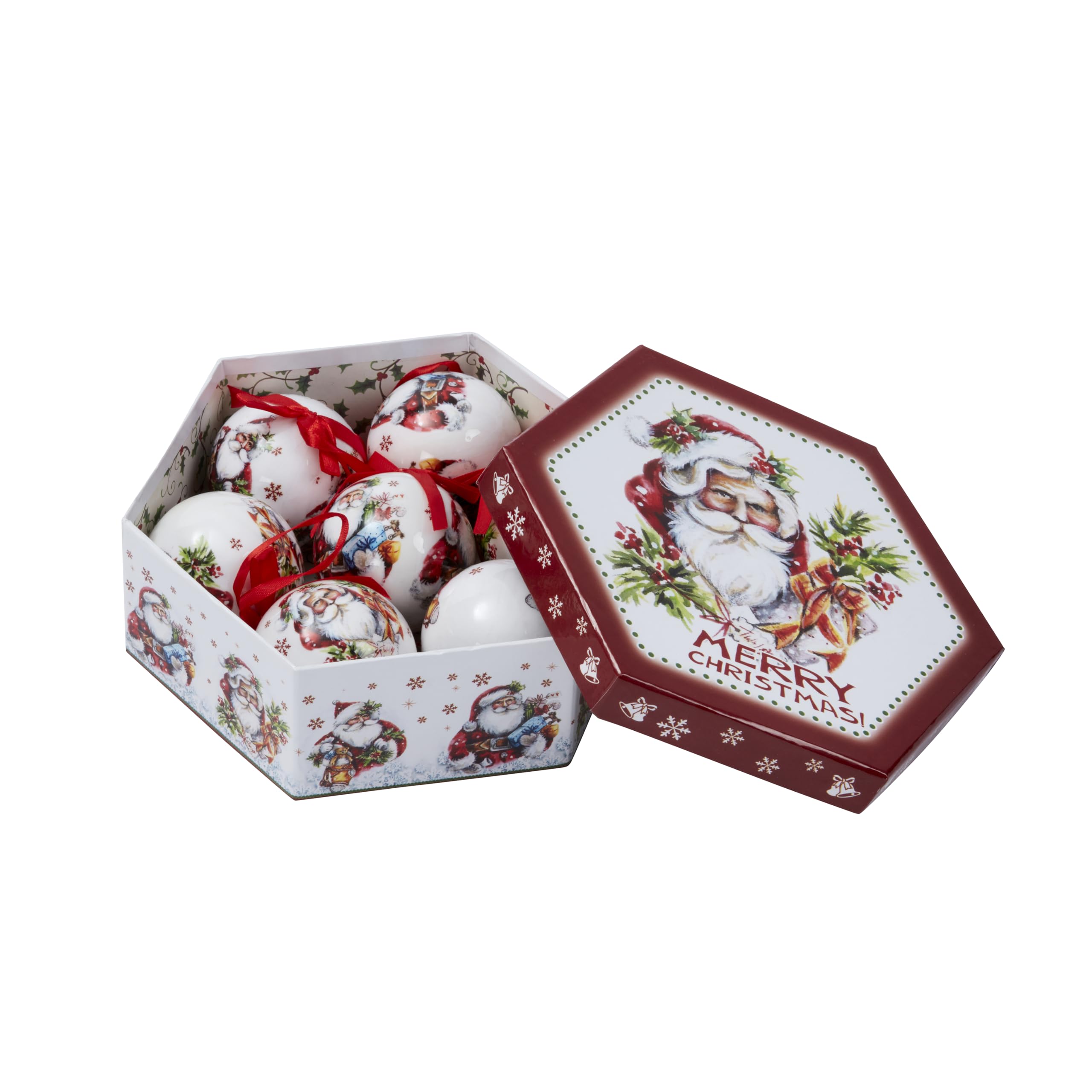 Smart GardenPack of 7 Vintage Christmas Baubles in Gift Box - Santa Claus Design - 3 Assorted Designs - 7.5cm - Luxury Baubles with Ribbon - Christmas Tree Decorations, Hanging Christmas Decorations