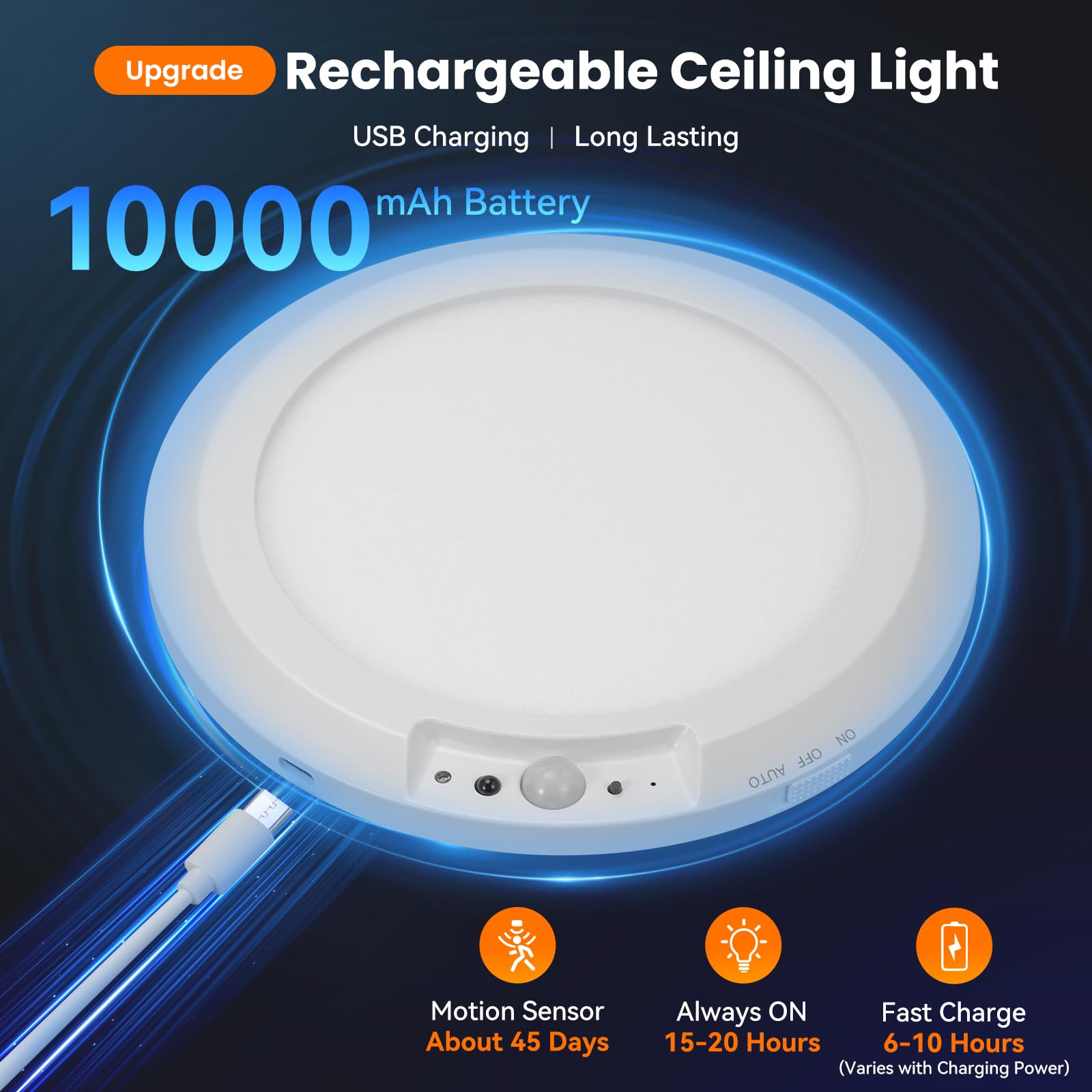 Plafonnier rechargeable à détecteur de mouvement pour intérieur et extérieur avec télécommande, 18 cm, à piles, 3000 K, 4000 K, 6000 K, 400 lm, intensité variable pour placard, couloir