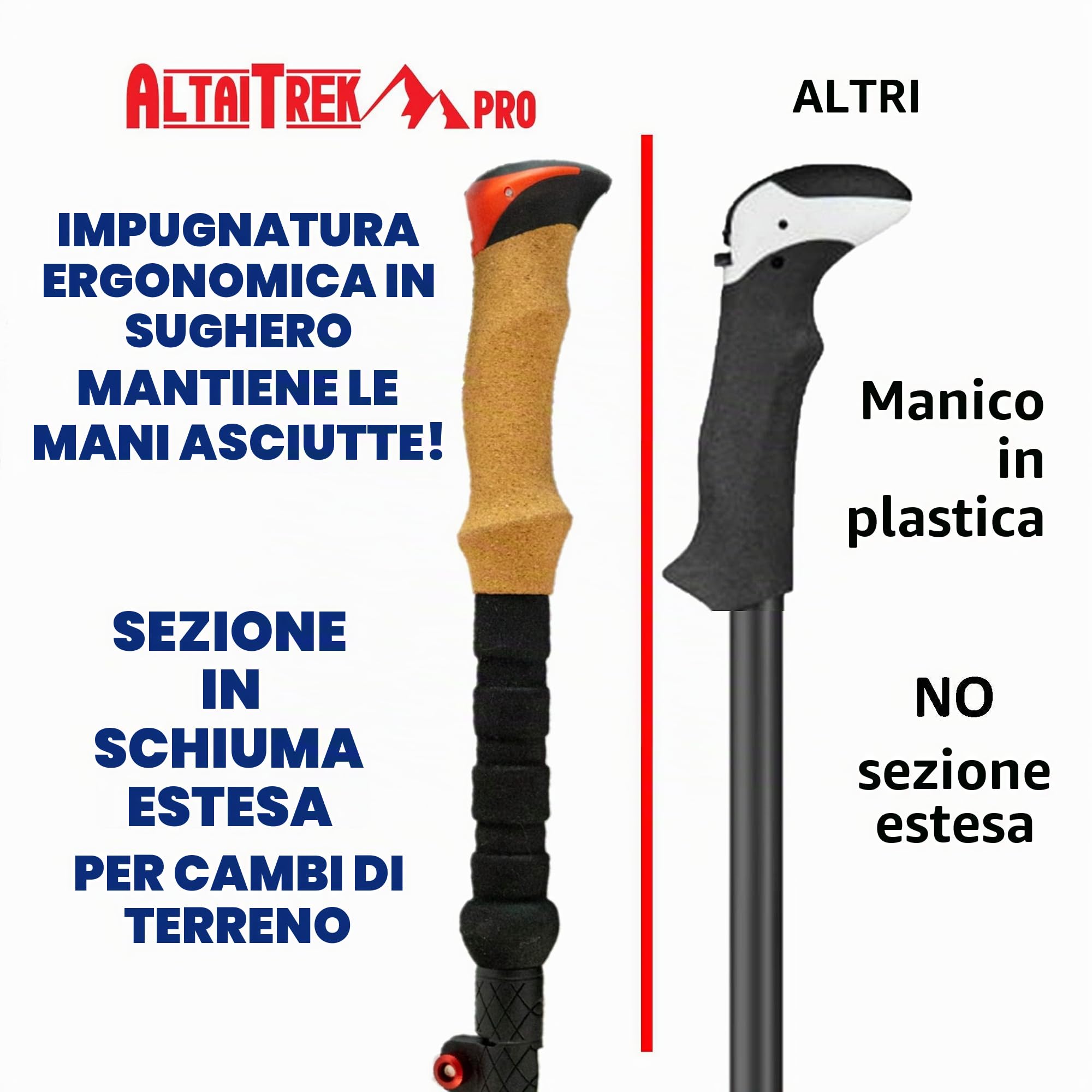 Bastoncini da trekking pieghevoli in 100% fibra di carbonio con sistema di bloccaggio rapido | Bastone ultraleggero per escursionismo montagna campeggio | Impugnatura in sughero, Coppia