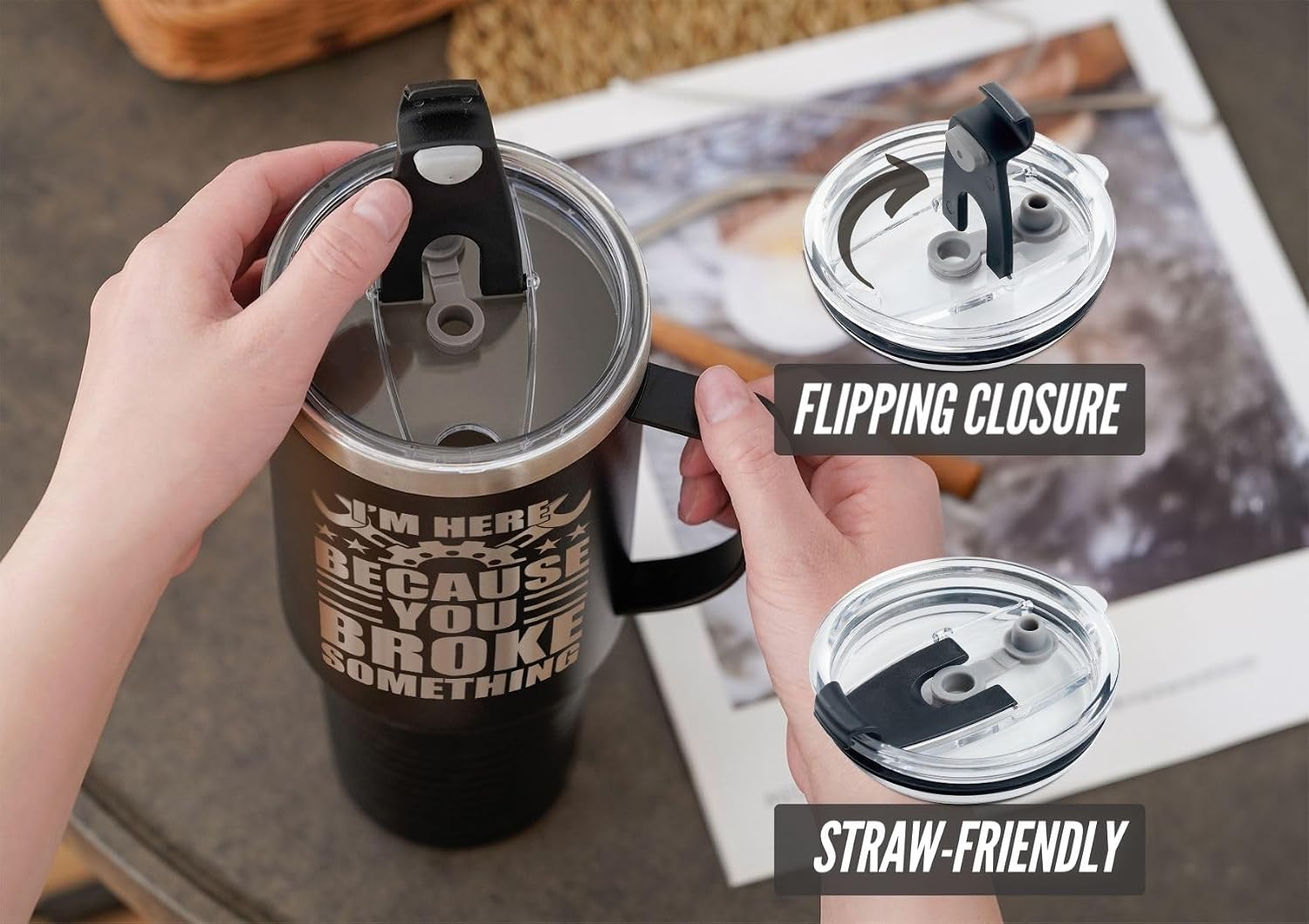 Onebttl Mechanic Gifts for Men, Gifts for Him, 40oz Tumbler with Handle and Straw, Insulated Coffee Mug with Lid, I'm Here Because You Broke Something