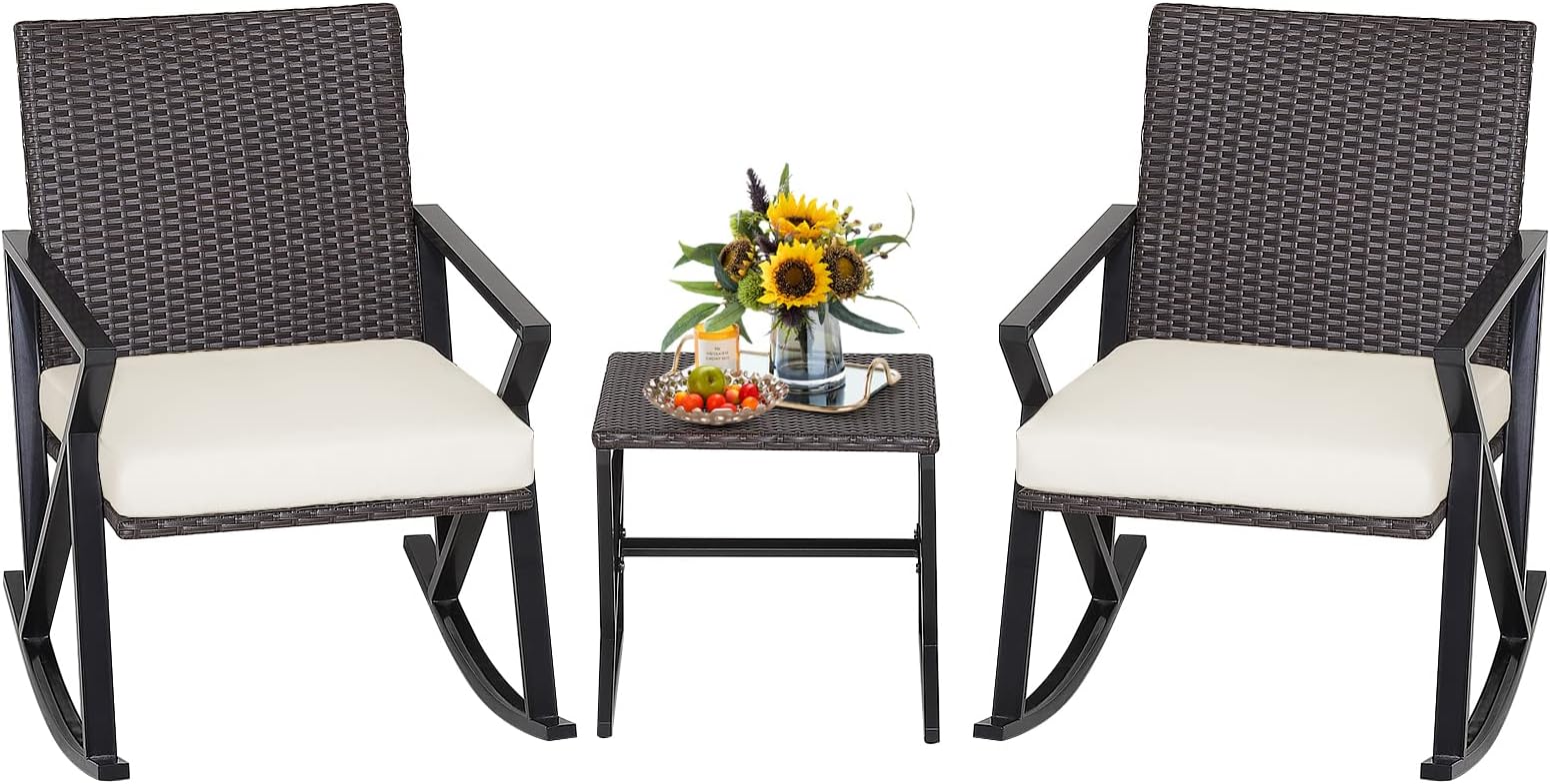 COSTWAY 3-Piece Garden Furniture Set Made of PE Rattan, 2 Rocking Chairs with Coffee Table and Seat Cushions, Patio Furniture, Balcony Furniture Seating Set for Garden, Patio, Balcony