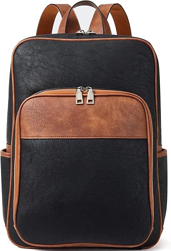 Telena Mochila de cuero para laptop para mujer, bolsas universitarias casuales de negocios, color negro-marrón