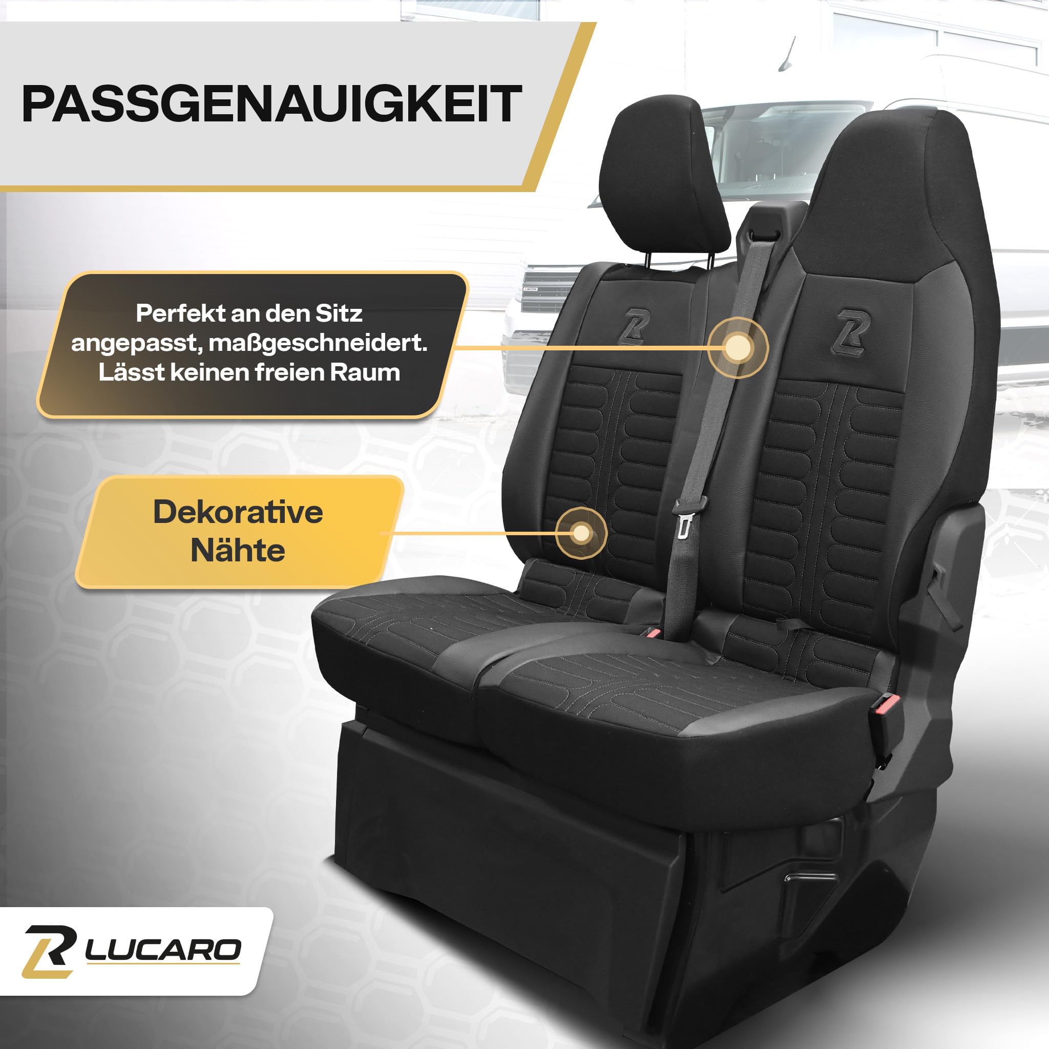 LUCARO Sitzbezüge Auto Set für Renault Master 4, Nissan Interstar 3 Schwarz | Lucaro Sitzbezug Set Zubehör Rückenlehne und Sitzfläche geteilt - TORNADO Schonbezug Autositz Vorne mit Öko-Leder