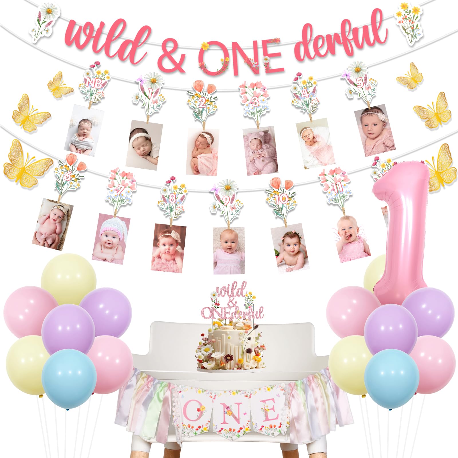 Décoration 1er anniversaire wildflower pour fille avec bannière de chaise haute et kit photo