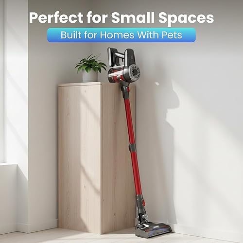 Miniatura 7 de Aspiradora inalámbrica, color rojo, 45 minutos de funcionamiento, faros LED, 2 velocidades, tubo telescópico con cepillo de vacío principal,