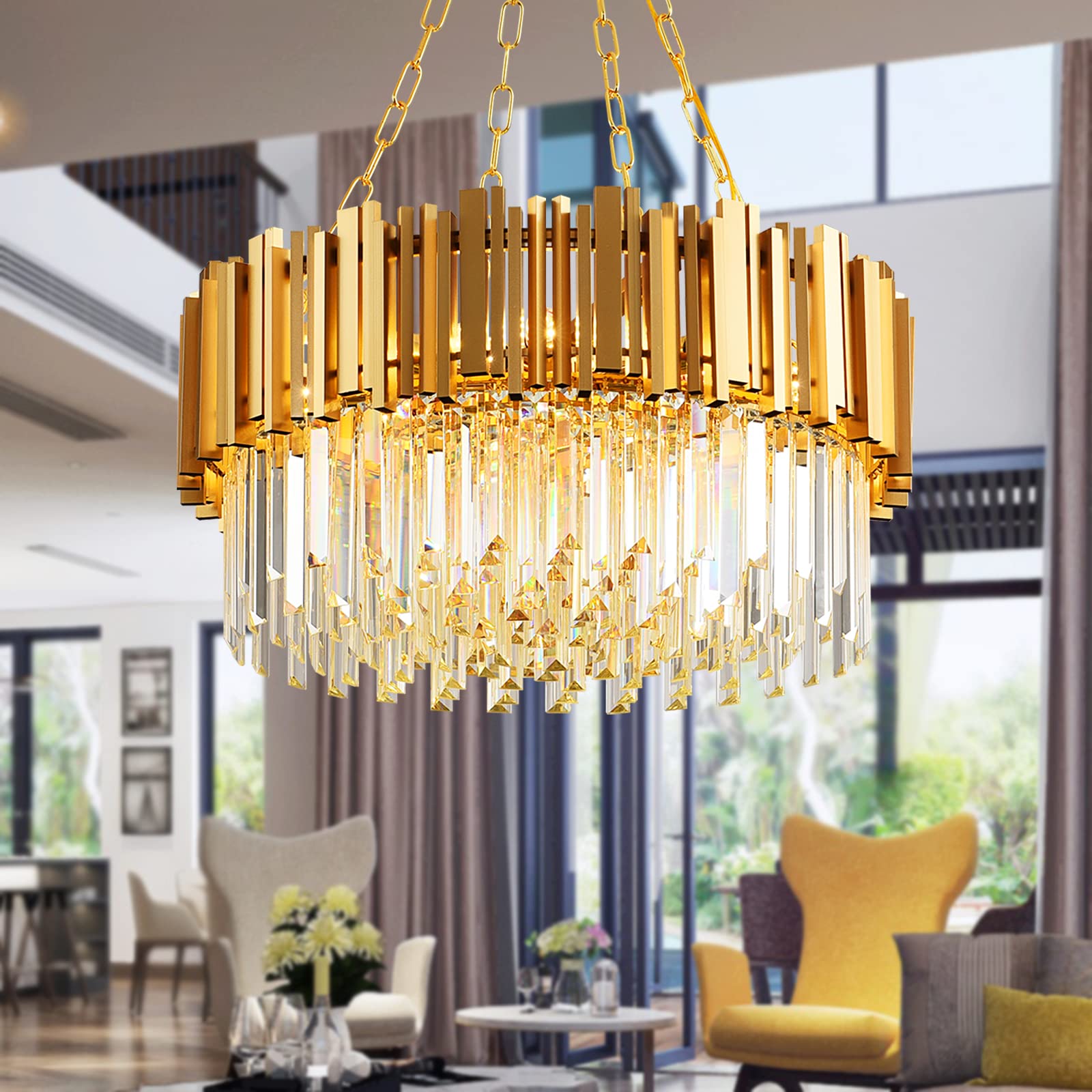 ZJNDJL Gold Flush Mount Crystal Chandelier Ceiling Light Fixture, 5