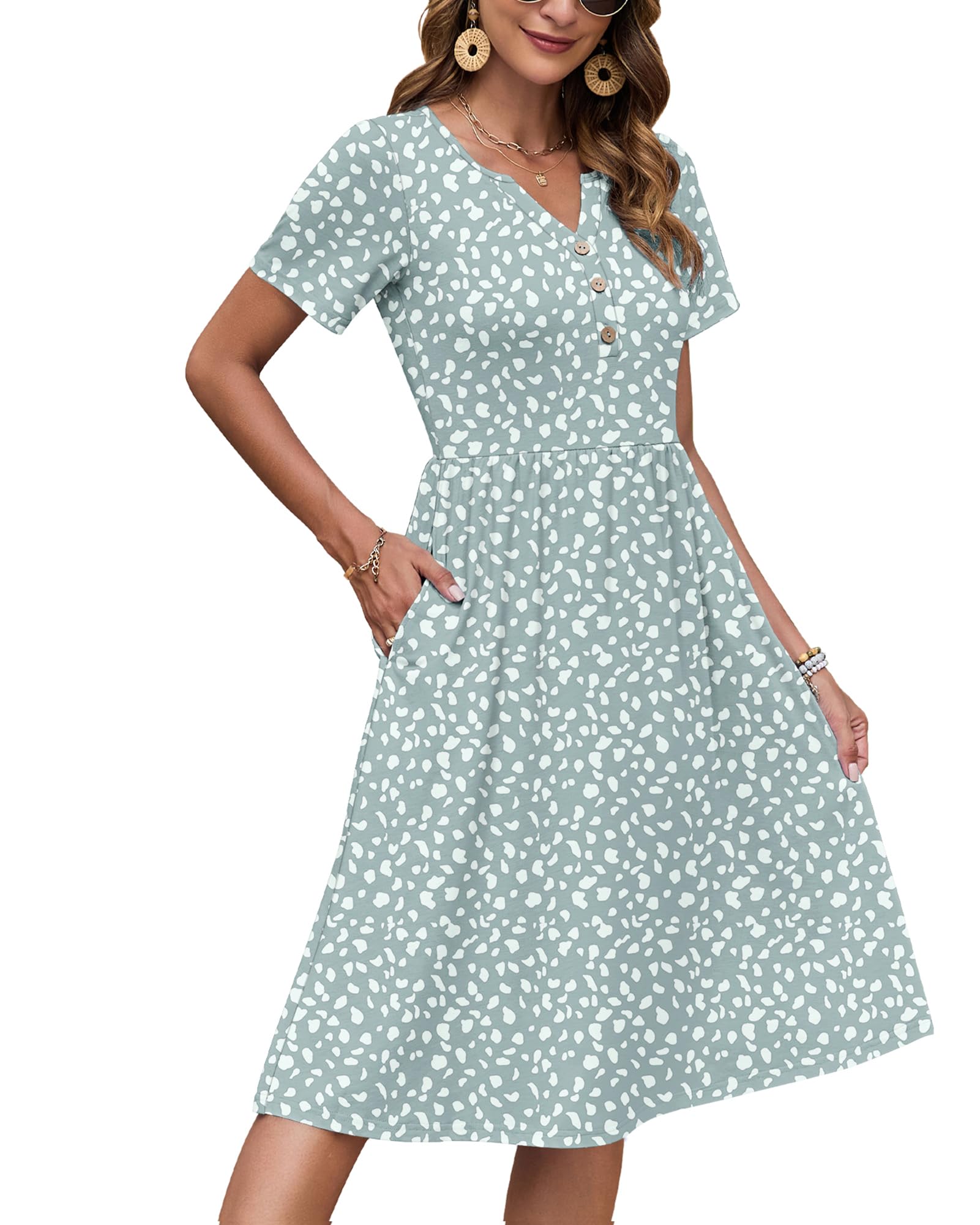 AUSELILY Vestido Verano Manga Corta Mujer Largo hasta La Rodilla Estilo Imperio Informal con Cuello en V Plisado y Bolsillos