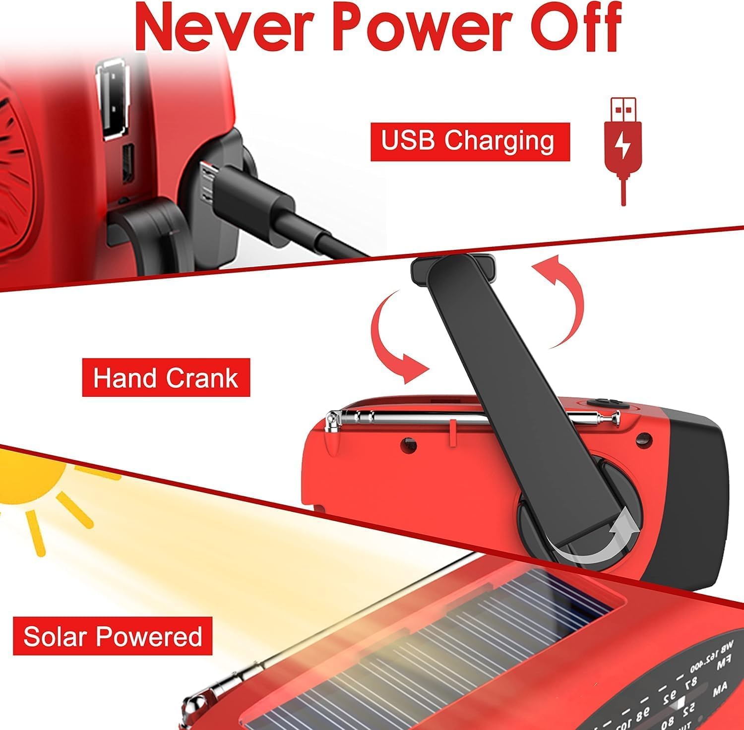 Radio Solaire Auto-alimentée 2000mAh AM/FM Portable à Manivelle Dynamo avec Lampe LED Alarme SOS Chargeur Téléphone Kit Survie Camping Rouge