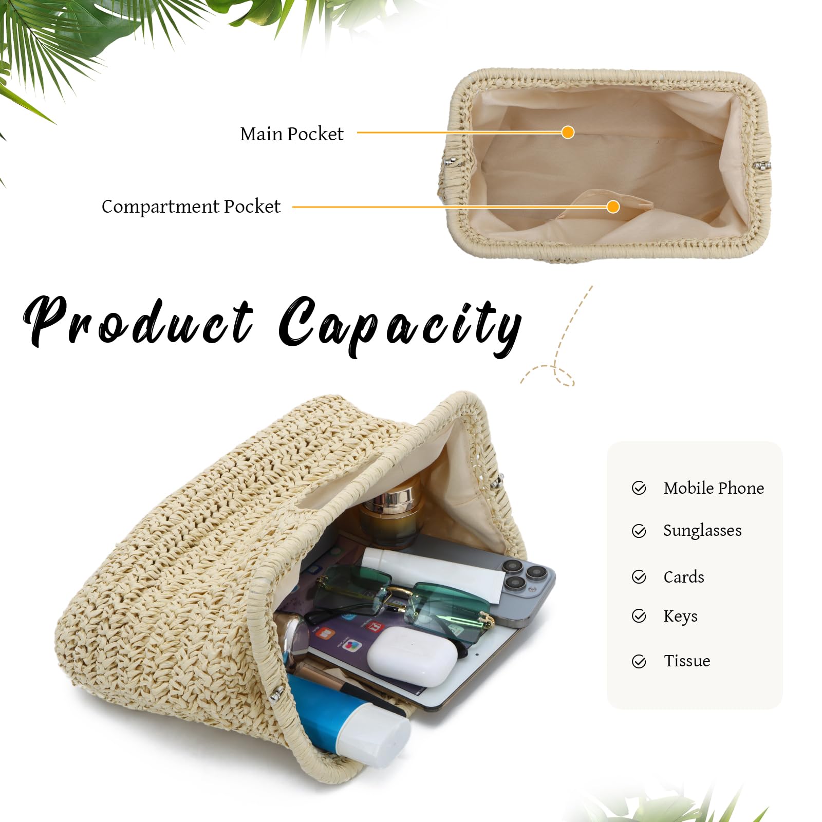 EVEOUT Pochette in Paglia per Donna Estiva Boho Clutch Rafia per Lavoro Matrimonio Festa Borsa Intrecciata con Manico per Spiaggia Mare
