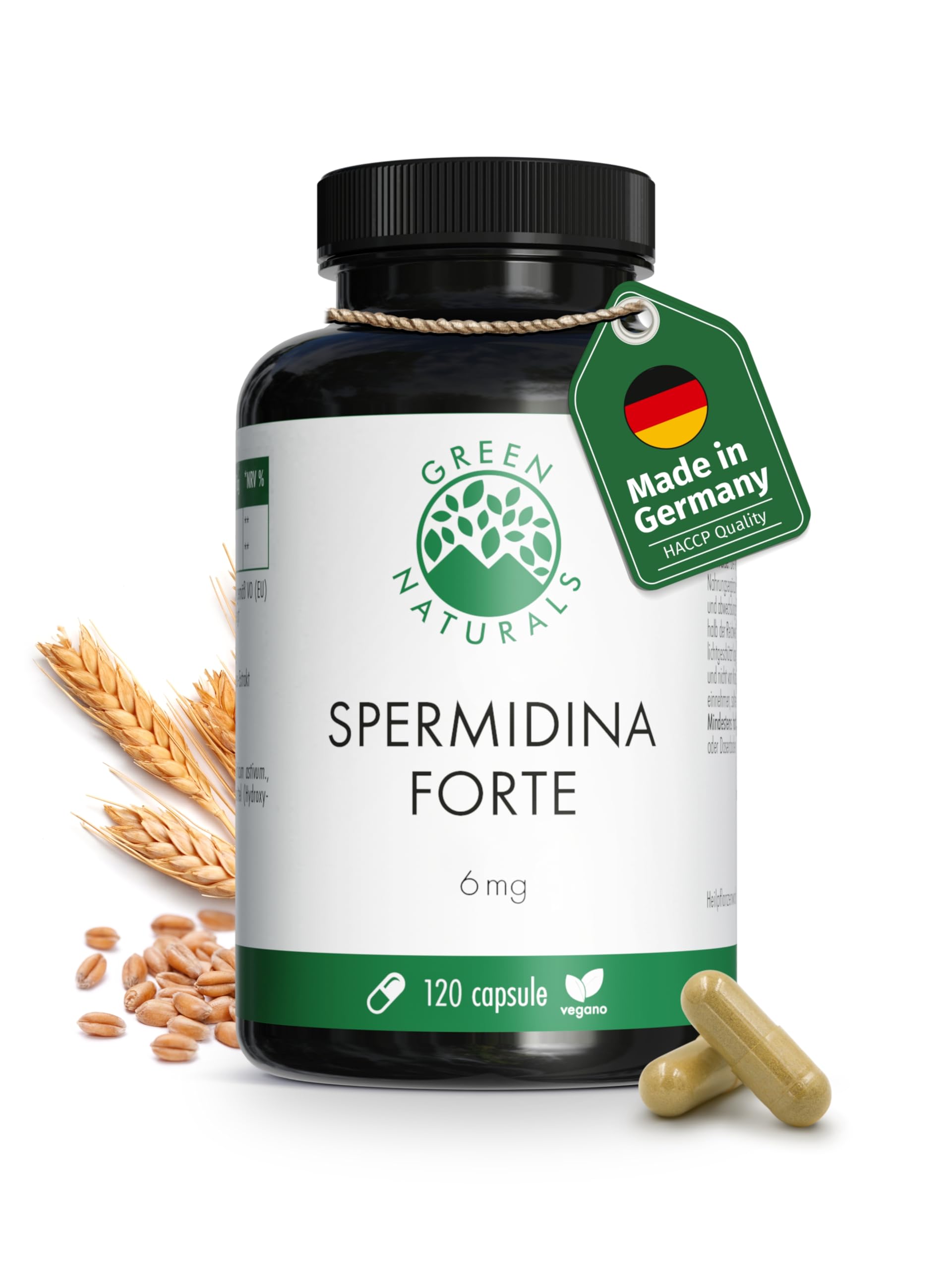 Spermidina Forte - Dosaggio elevato: 6 mg per capsula dall'estratto di germe di grano - Testato in laboratorio - 120 Capsule - Green Naturals®