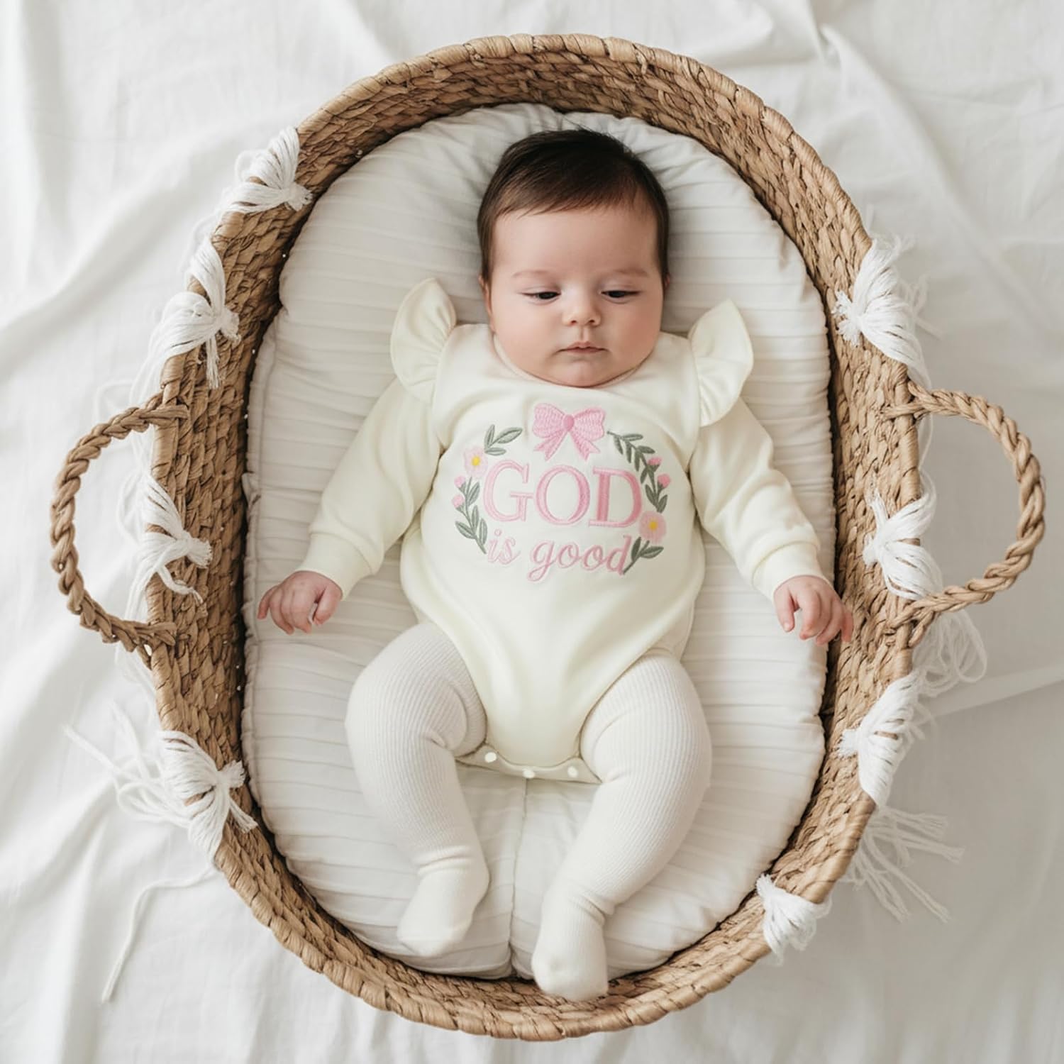 KMBANGI Newborn Toddler Baby Girl Christian Outfit God is Good Sweatshirt Embroidered Tops Bubble Romper Baby Baptism Clothes