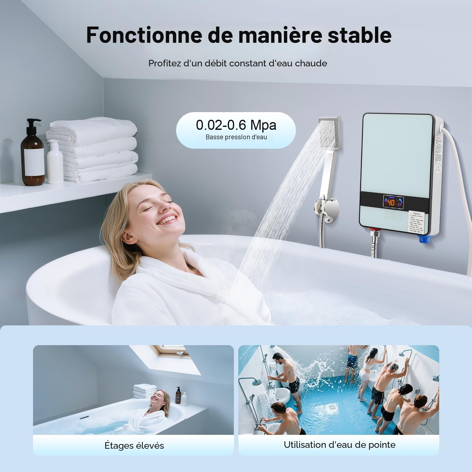 Chauffe-eau électrique instantané avec douchette à main - Chauffe-eau électrique pour salle de bain douche - 18,6 x 5,7 x 27,7 cm - 6500 W - Blanc
