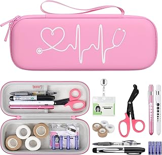 BOVKE 15 Pcs Stethoscope Case Sets Medical Supplies Include Stethoscope Case, Medical Scissors, 2 Penlights with Batteries, Bandage Wraps, Name Card Holder for Nursing School Tool Kits, Pink