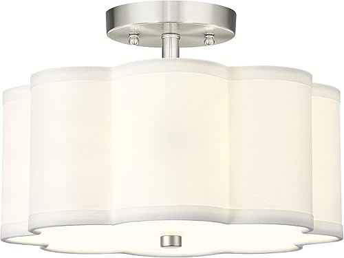 Vista 30 de Luces de Techo Semiempotradas Doradas, Lámpara de Techo de 4 Luces de 18" con Pantalla de Tela en Forma de Flor, Iluminación de Tambor de Latón