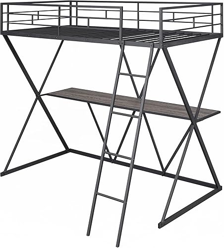 Miniatura 4 de LZ LEISURE ZONE Cama alta individual con escritorio, marco de cama alta de metal, cama tipo loft tamaño individual con escalera y barandillas de