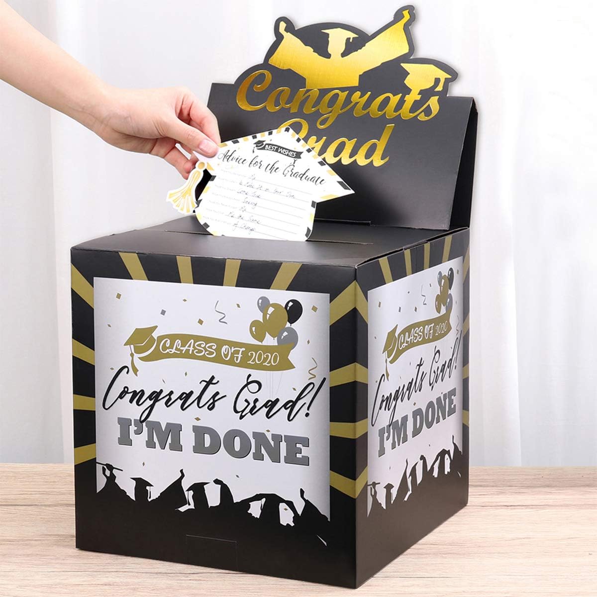 Unomor Graduation Card Box for 2020 Graduation Party Decoration Supplies Black and Gold Grad Party Favors Back to School Party (11x11 inches)