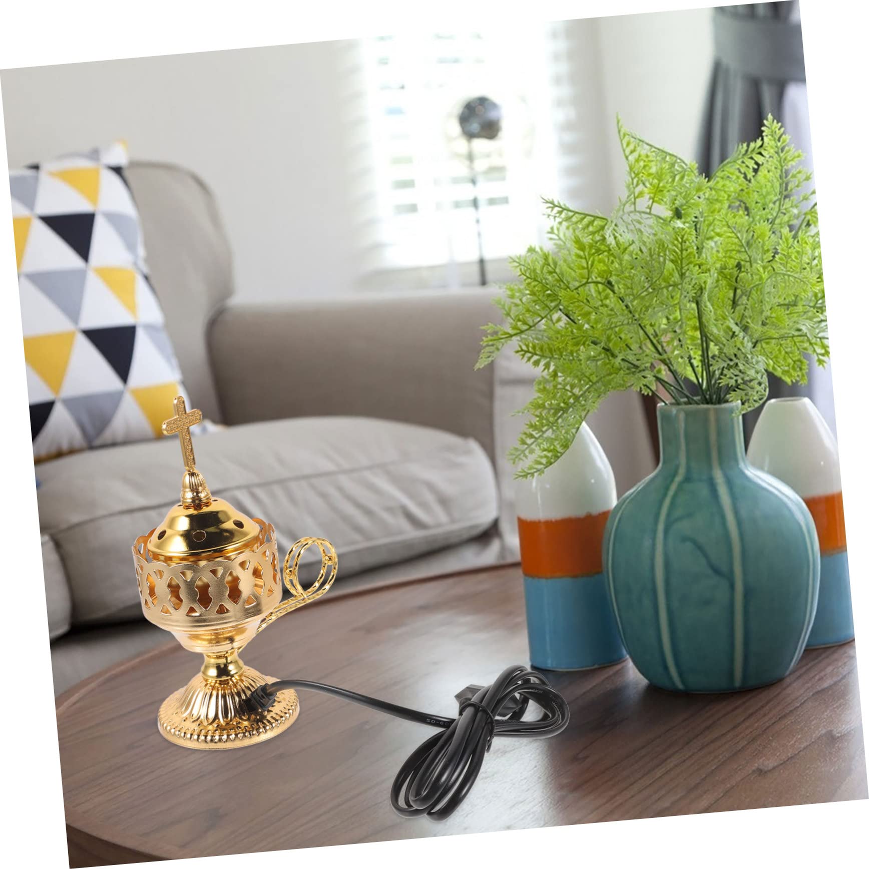 Garneck Quemador de Incienso Eléctrico Enchufe EU 220v de Hierro Dorado Elegante y Duradero Estilo Medio Oriente para Ambiente del Hogar Adecuado para Fiestas