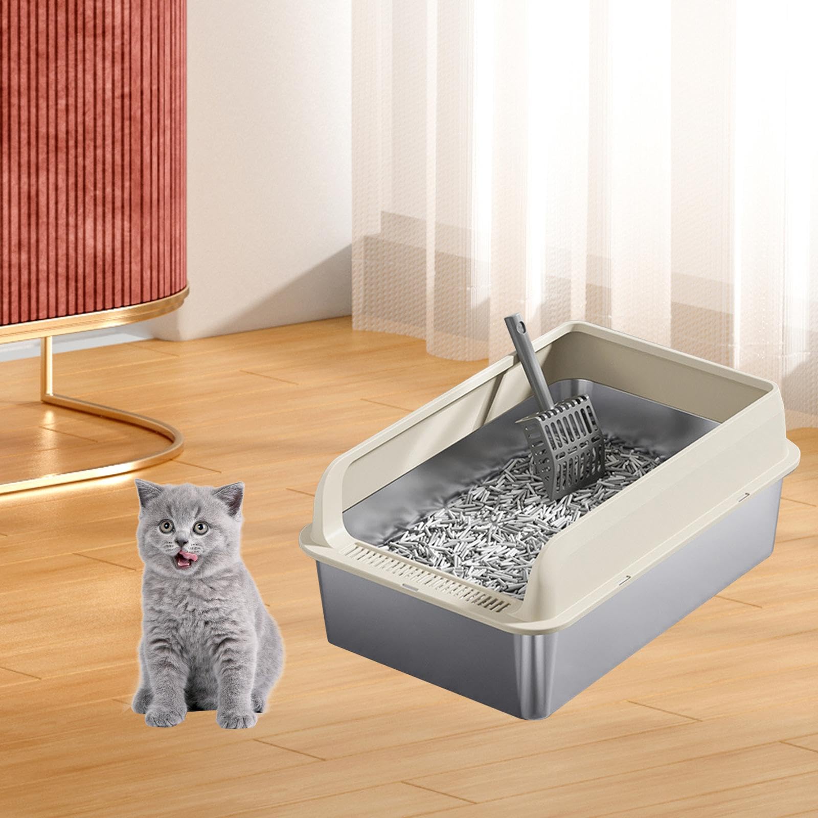 3 Pezzi Lettiera per Gatti Cassetta Vassoio per Animali Toilette Aperta Robusta in Acciaio con Ingresso Basso E Maniglie Adatto per Gattini, Cachi e L
