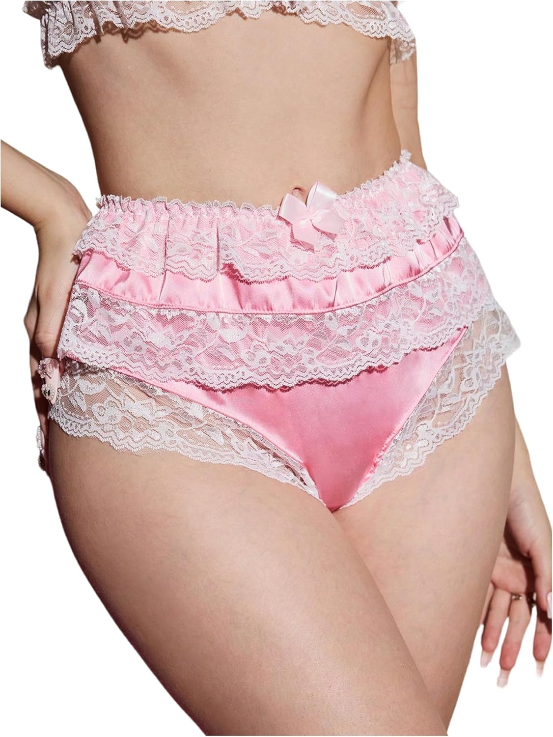 SHENHE Women's Satin Panty Ruffle Lace Trim Mid Rise Bow Underwear Silky Soft Brief