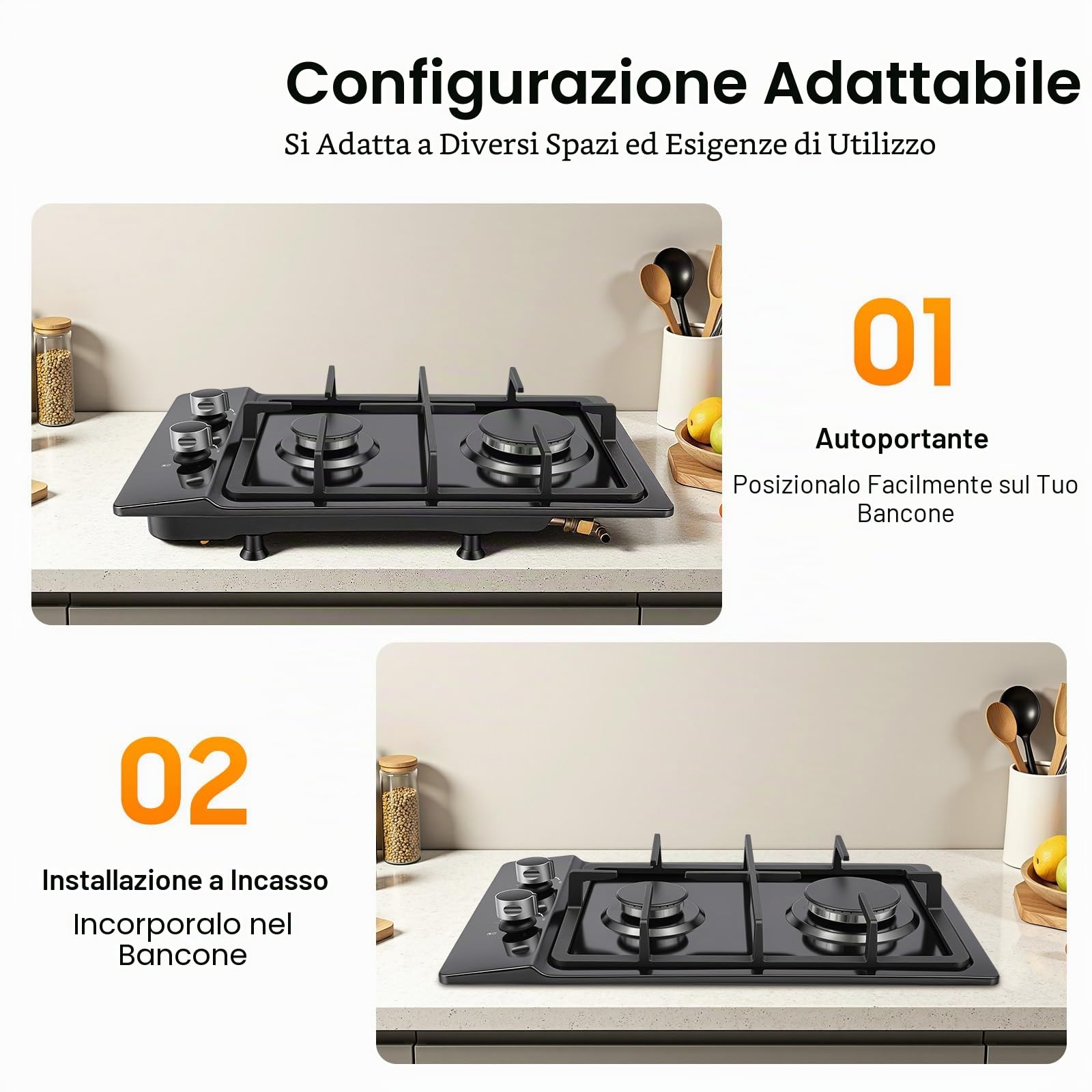 Piano cottura a gas a 2 fuochi e piccolo fornello a gas da campeggio, in acciaio inox, portatile, con riduttore di pressione e tubo del gas, piano cottura a gas per gas liquido/naturale (nero)