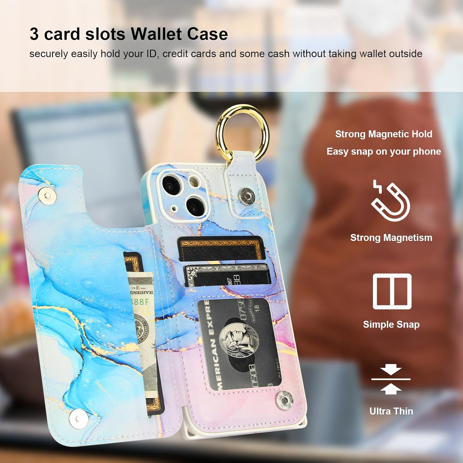 HAOPINSH Crossbody Wallet Case with Card Holder for iPhone 13, RFID Blocking Leather with Wrist Strap Lanyard, Finger Grip Ring, Pink Blue Marble Print Flip Folio Kickstand Camera Protection 6.1"